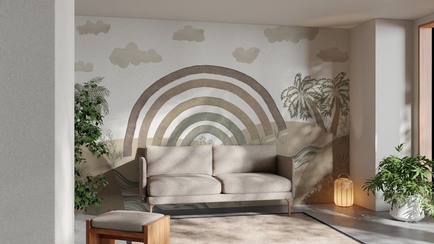 Minimalist rainbow wall mural with soft muted hues
