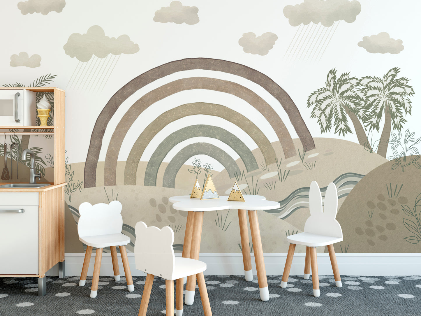 Neutral aesthetic wall mural with flowing river design
