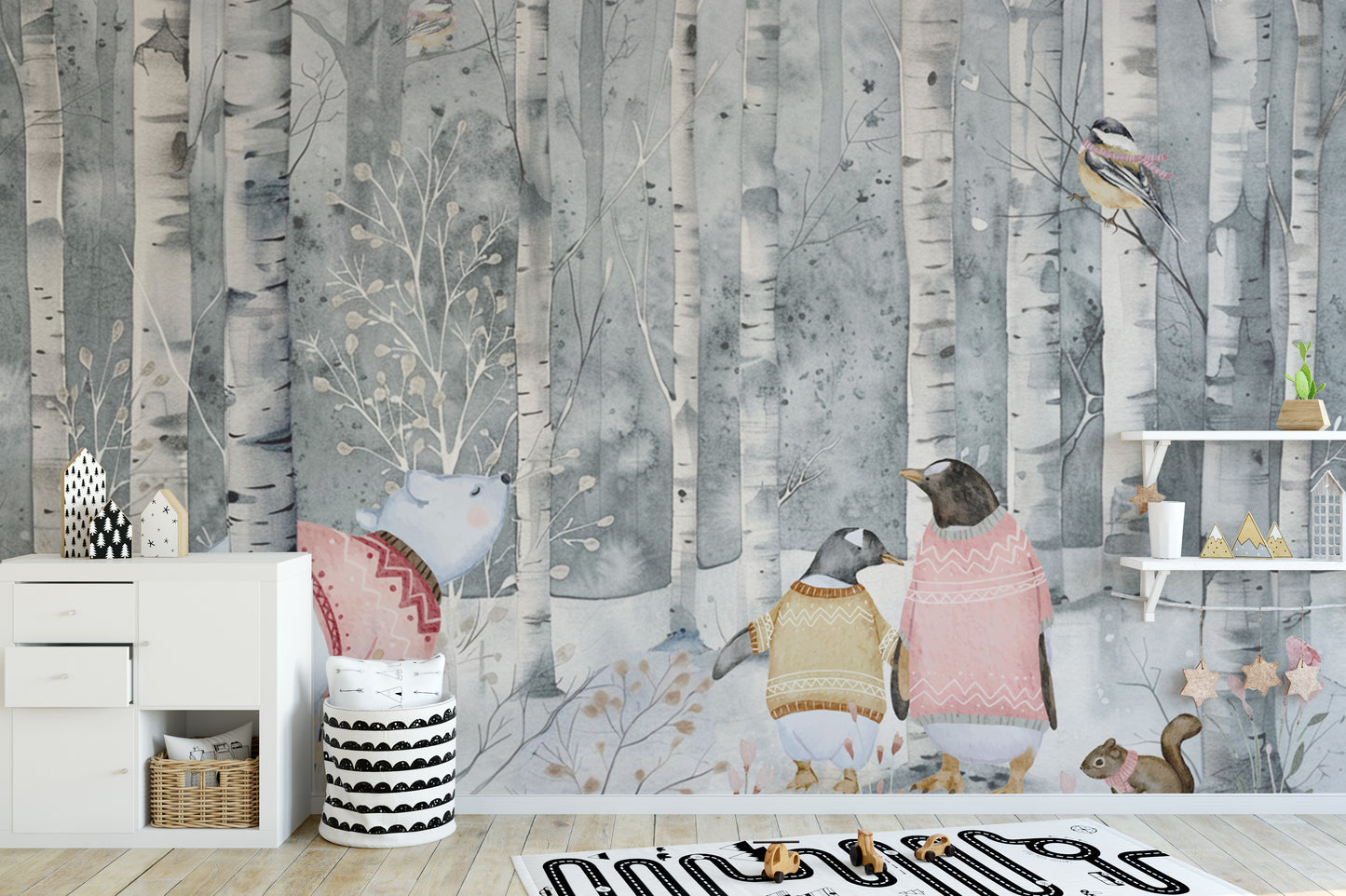 Soft pastel winter scene mural with cozy animals
