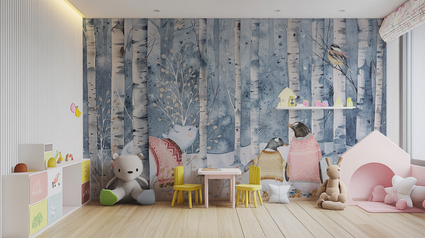 Watercolor winter forest wallpaper with woodland animals
