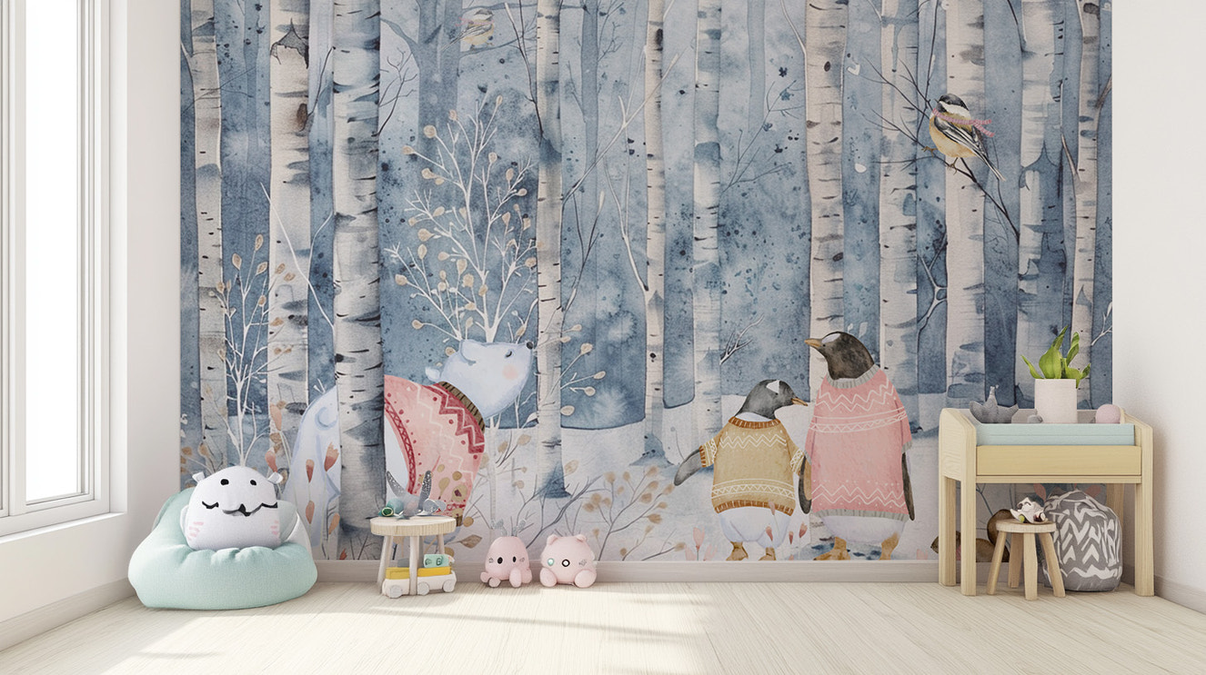 Cute woodland animals wallpaper with winter forest scene
