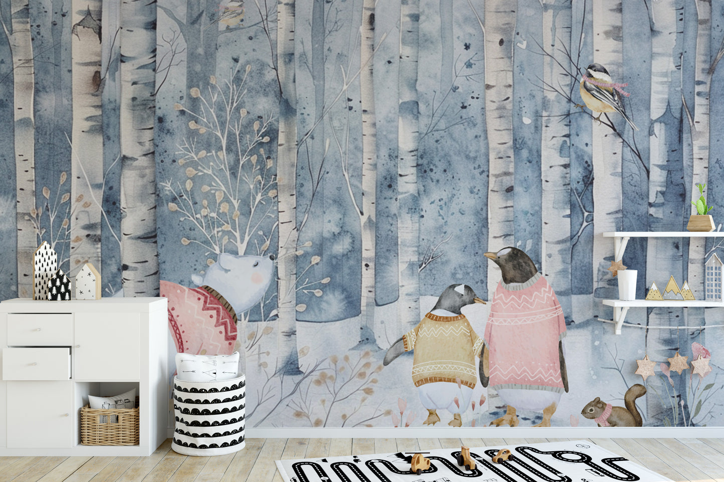 Cozy winter woodland wallpaper with adorable animals
