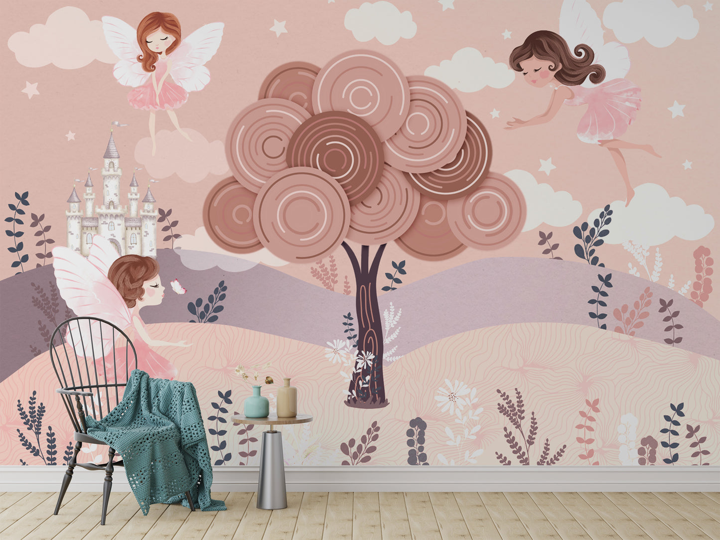 Kids' bedroom wallpaper featuring fairies and soft hues
