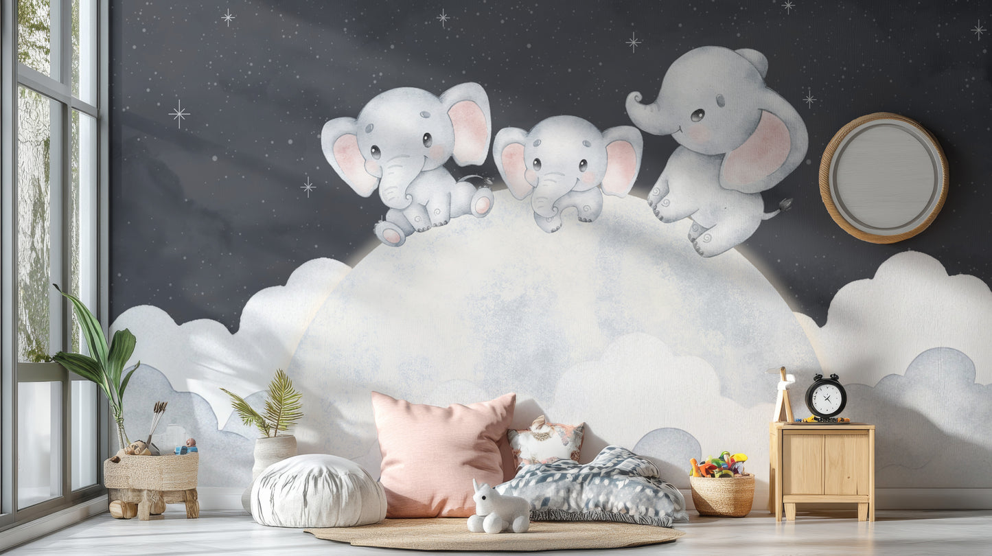 Moon and stars elephant wall mural with soft pastels
