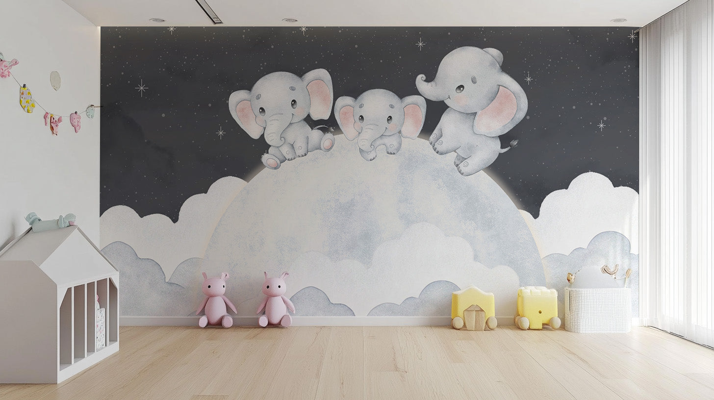 Whimsical night sky wallpaper with cute elephants
