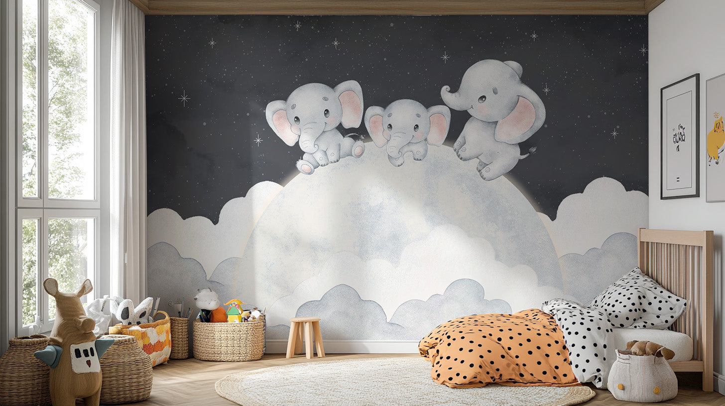 Adorable elephant nursery mural with a night sky theme
