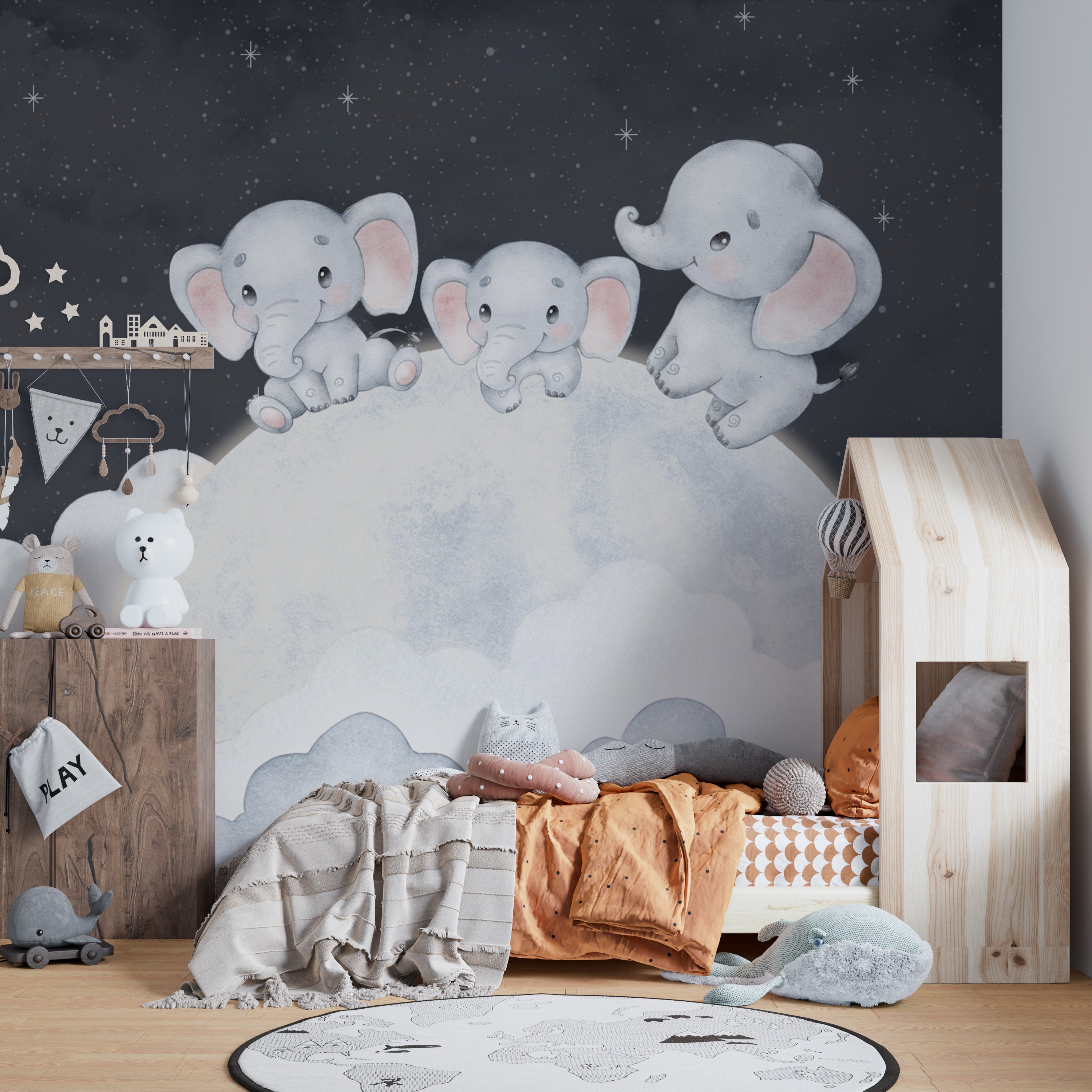 Dreamy baby elephant wallpaper with moon and stars
