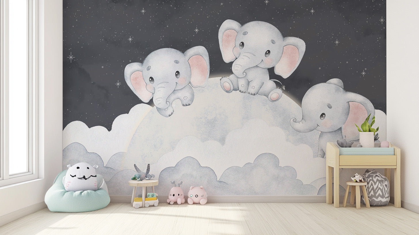 Baby elephant and moon mural with soft hues
