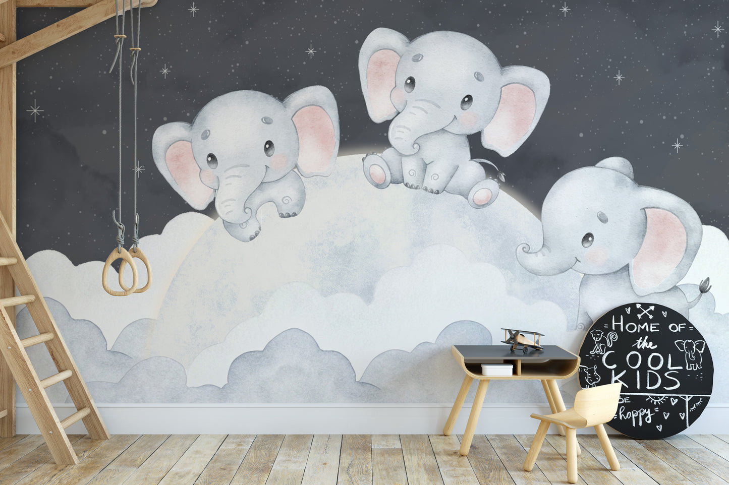 Dreamy night sky mural with fluffy clouds
