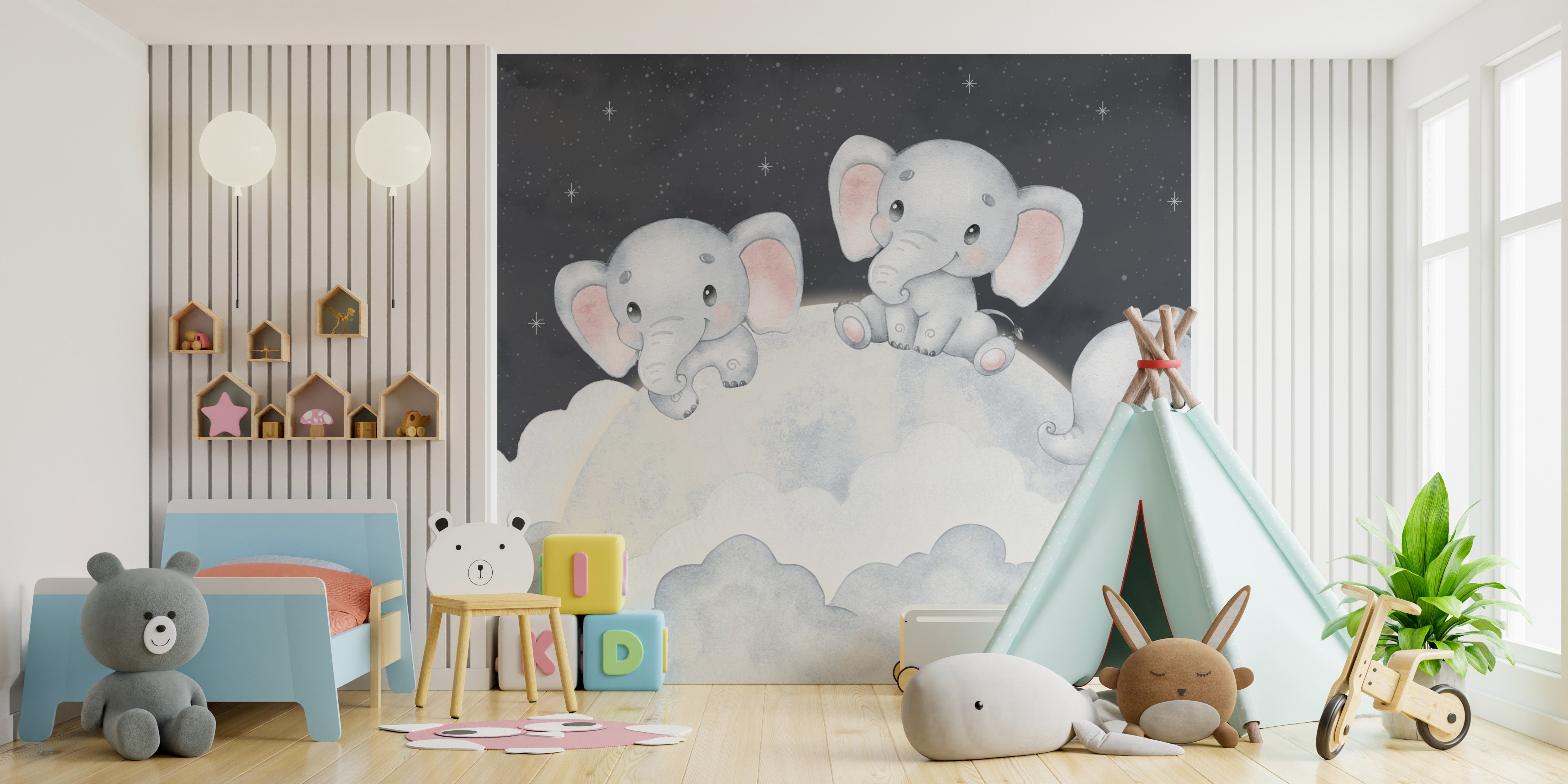 Moon and stars elephant wall mural for kids
