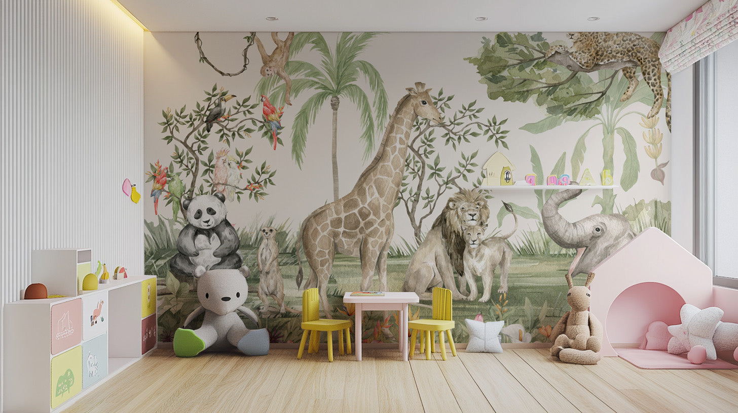 Exotic animal kids wallpaper with pandas and parrots
