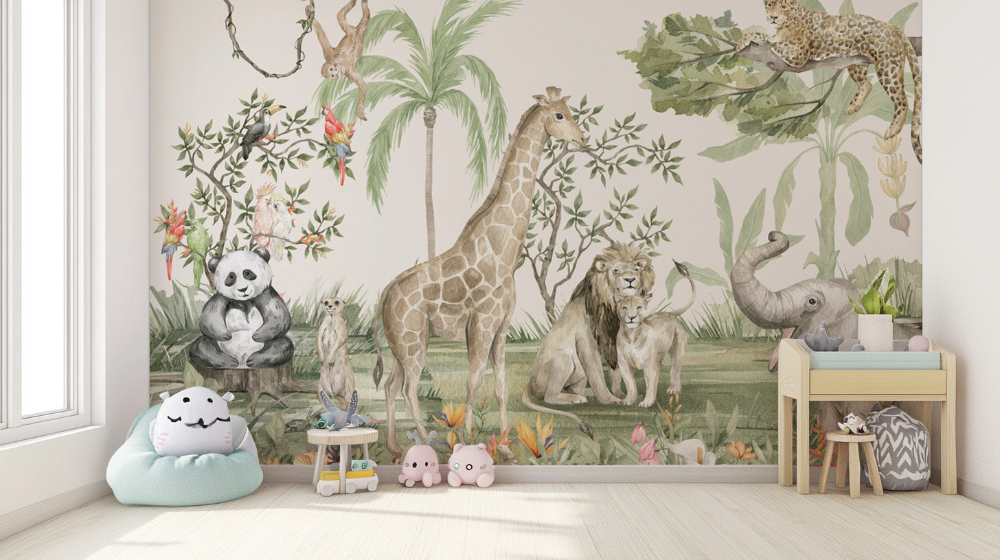 Safari-themed wallpaper with hand-painted jungle animals
