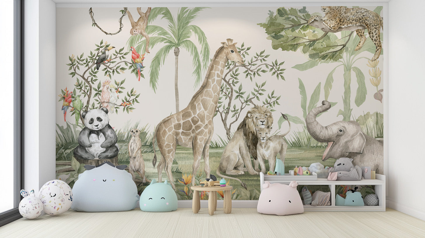 Vibrant jungle wildlife mural for nurseries and playrooms
