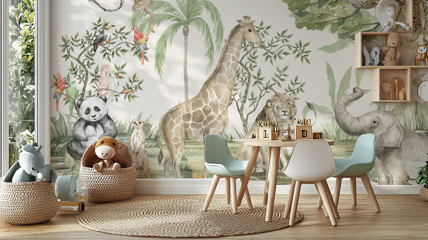 Watercolor jungle mural featuring giraffes and lions
