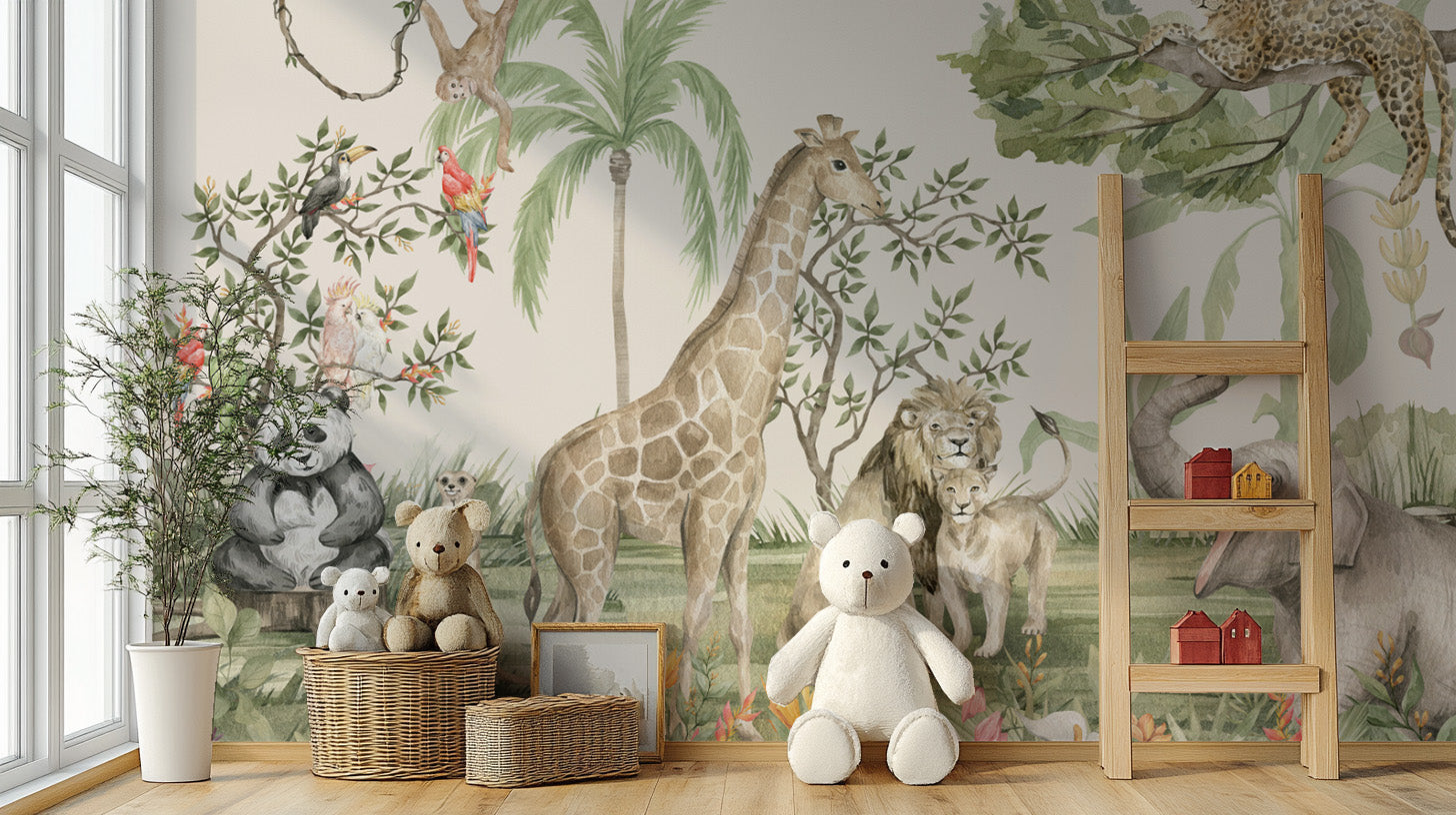 Safari nursery jungle mural with lush green foliage
