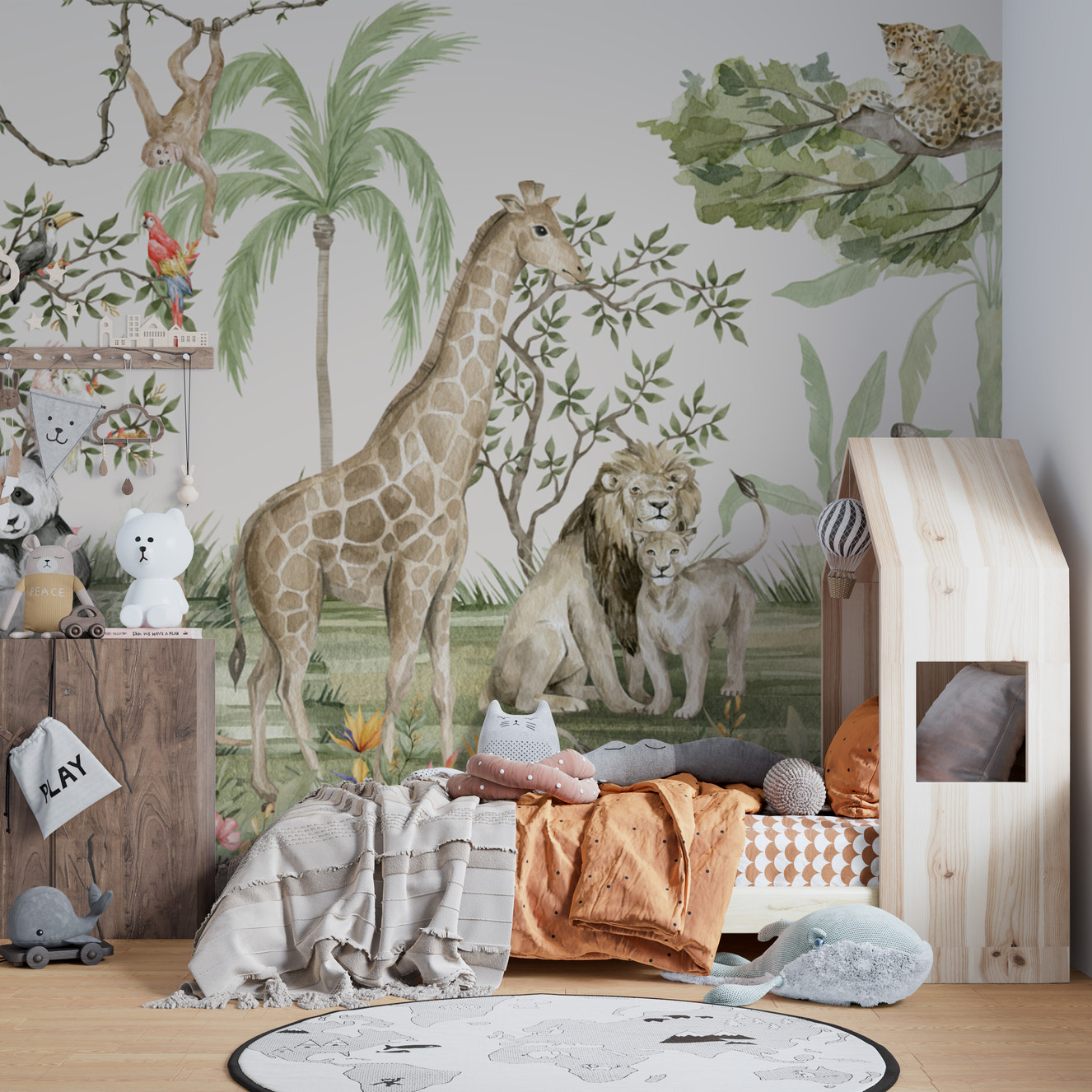 Whimsical jungle safari wallpaper with exotic animals
