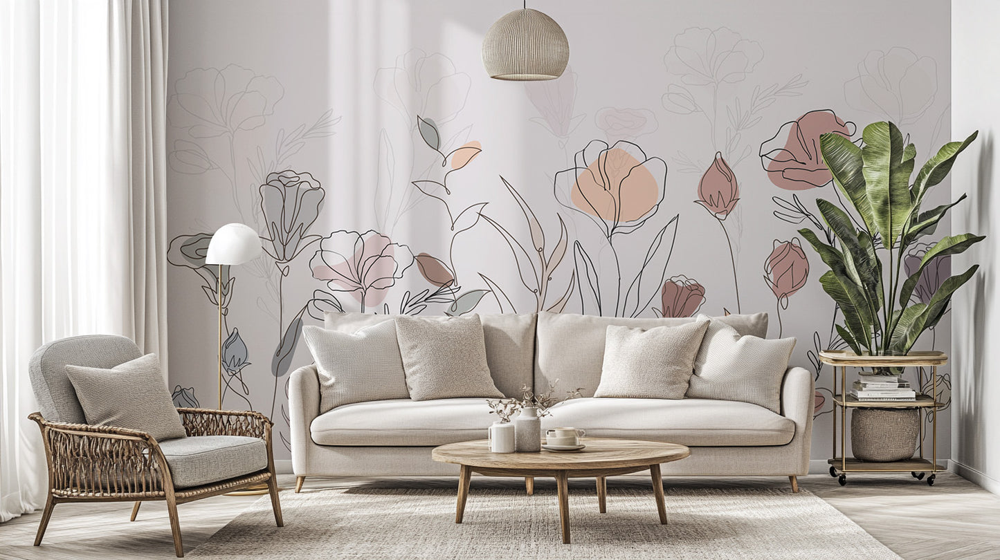 Abstract botanical sketch wall mural with floral line art
