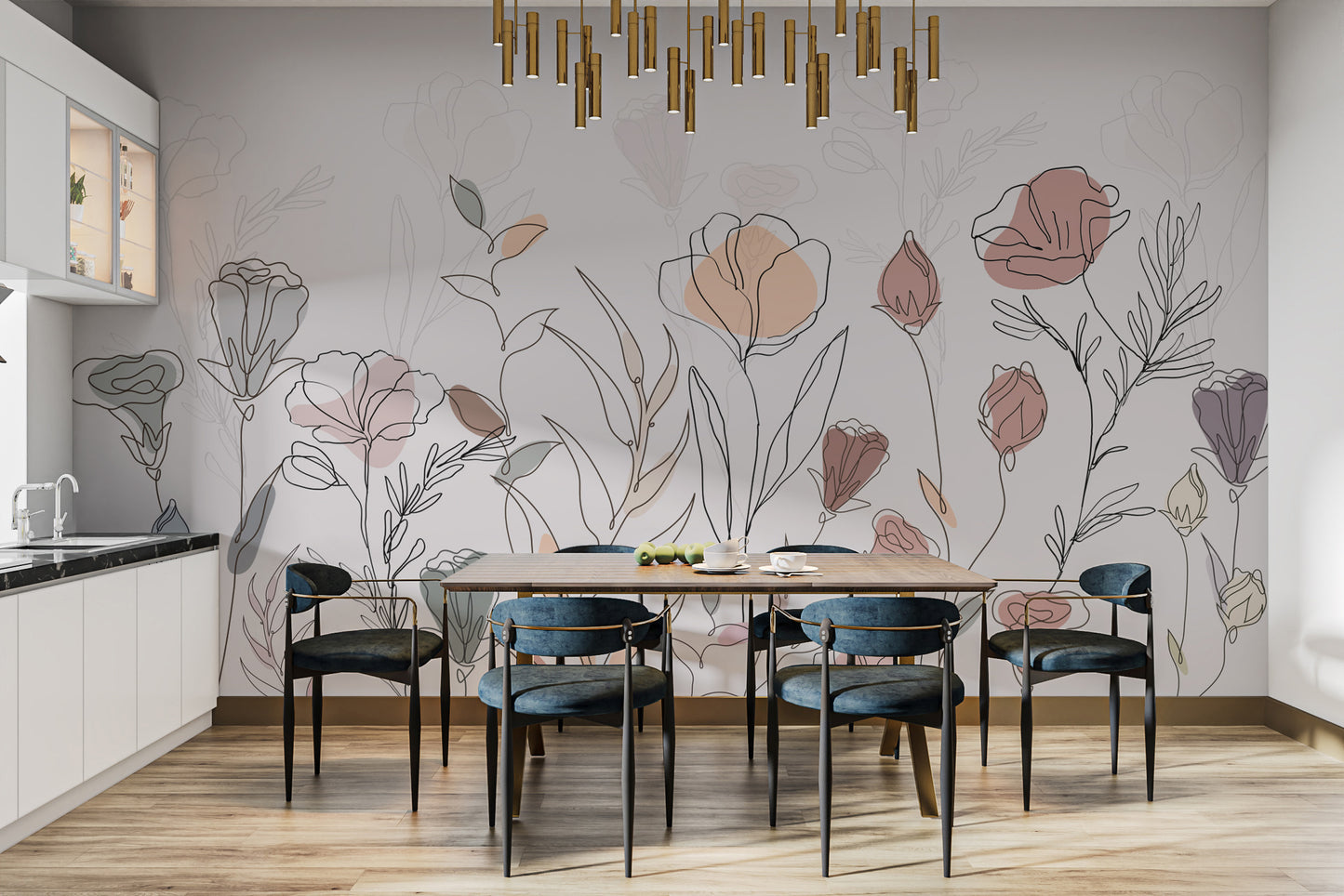 Elegant watercolor floral line wallpaper for walls
