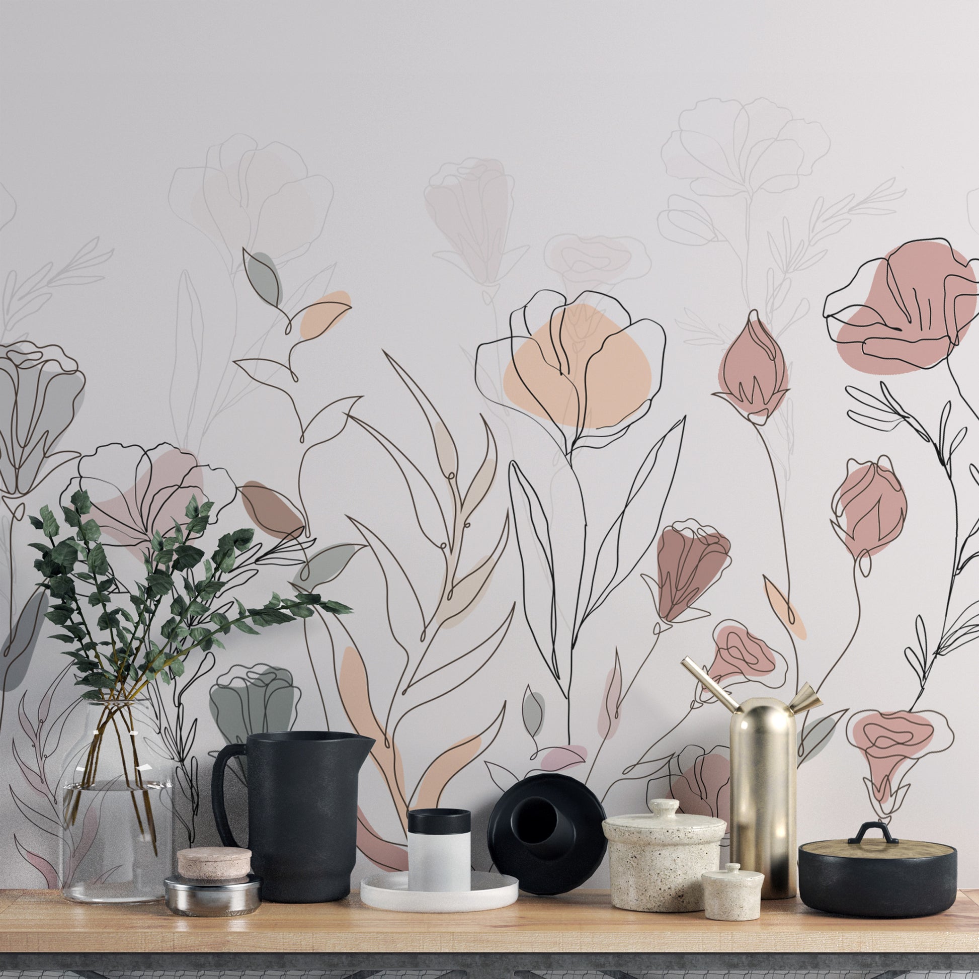 Hand-drawn botanical mural with modern aesthetic
