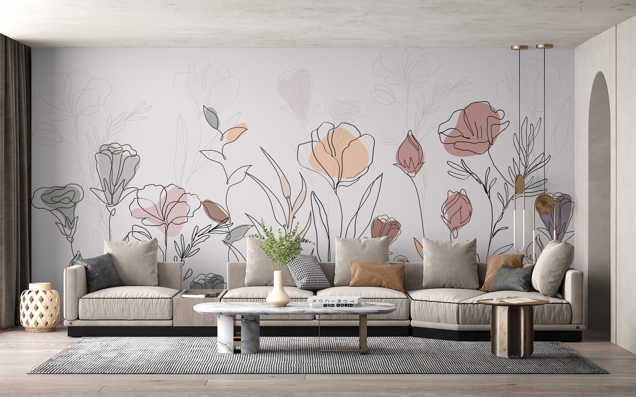 Contemporary botanical wall mural with abstract flowers
