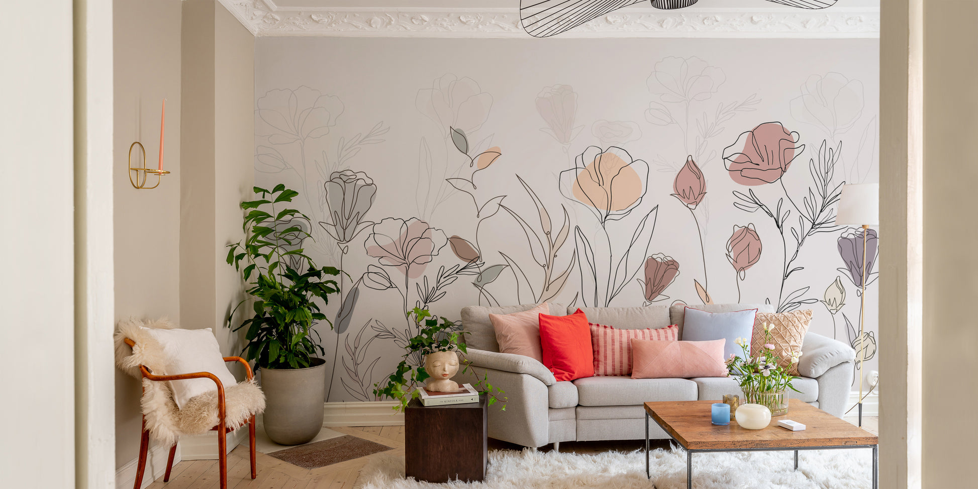 Stylish floral outline wallpaper for modern interiors
