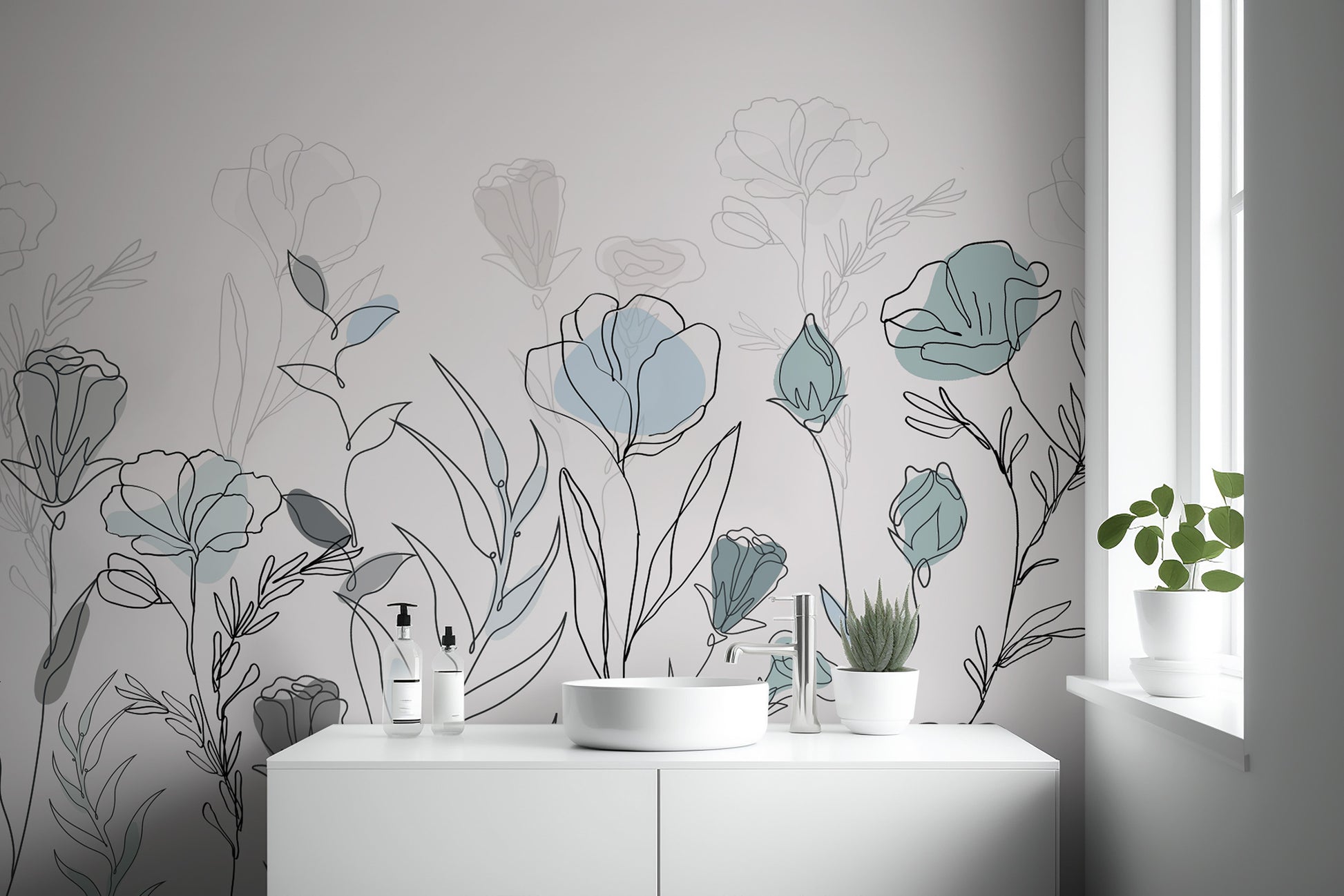 Elegant botanical wall mural with hand-sketched flowers
