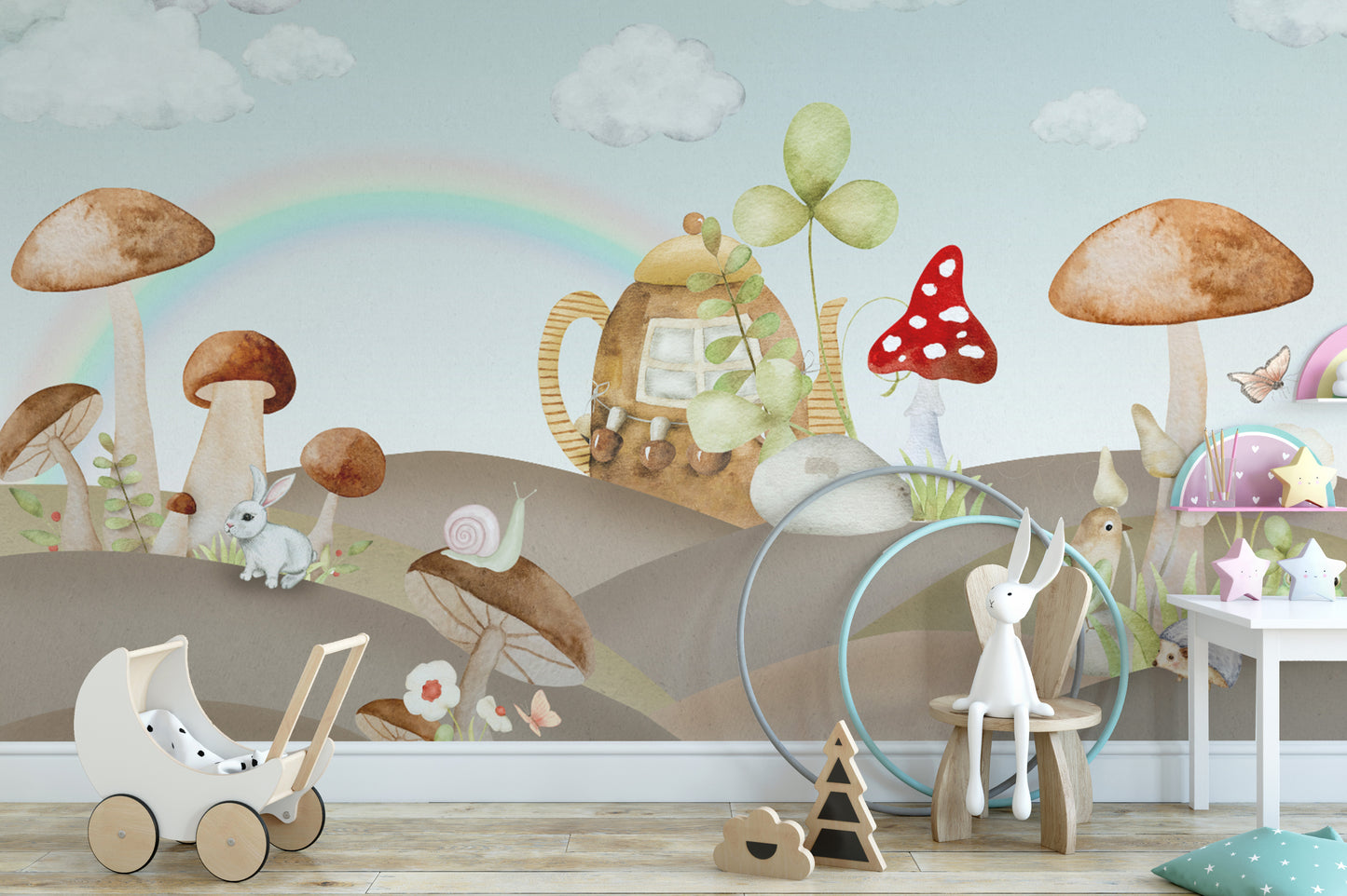 Whimsical forest wallpaper with mushrooms and animals
