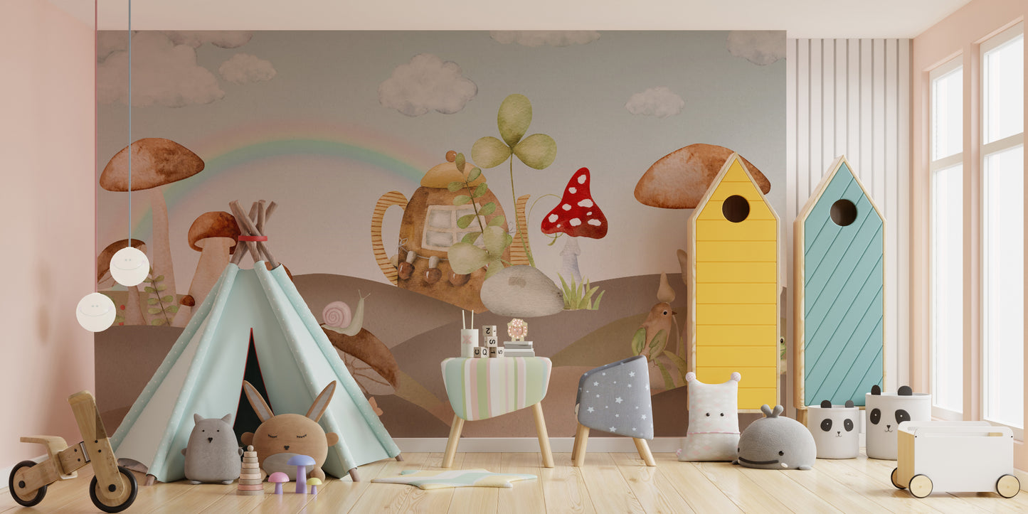 Fantasy woodland wallpaper featuring a teapot house
