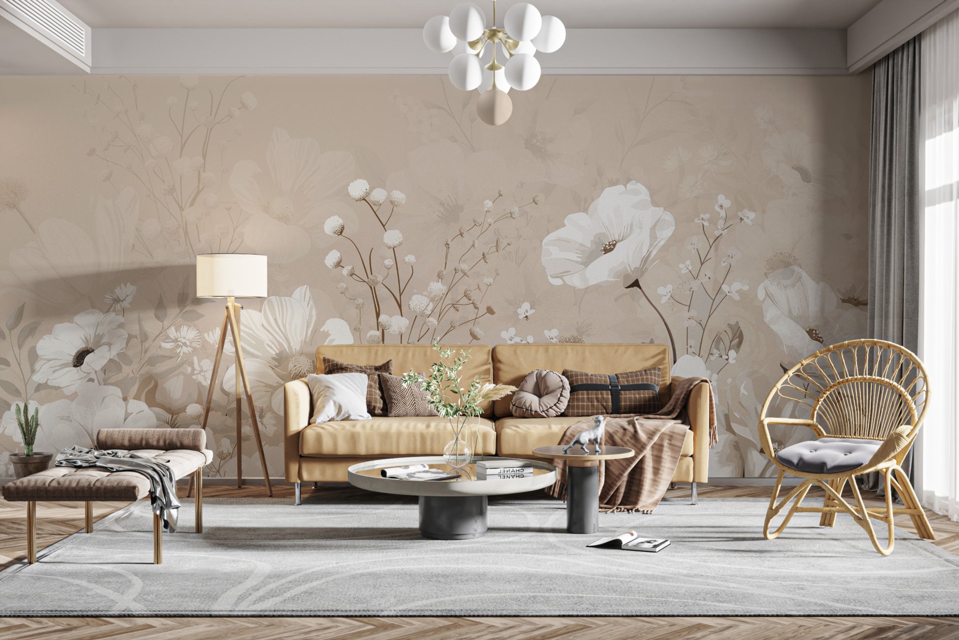 Chic beige floral wall mural for interiors
