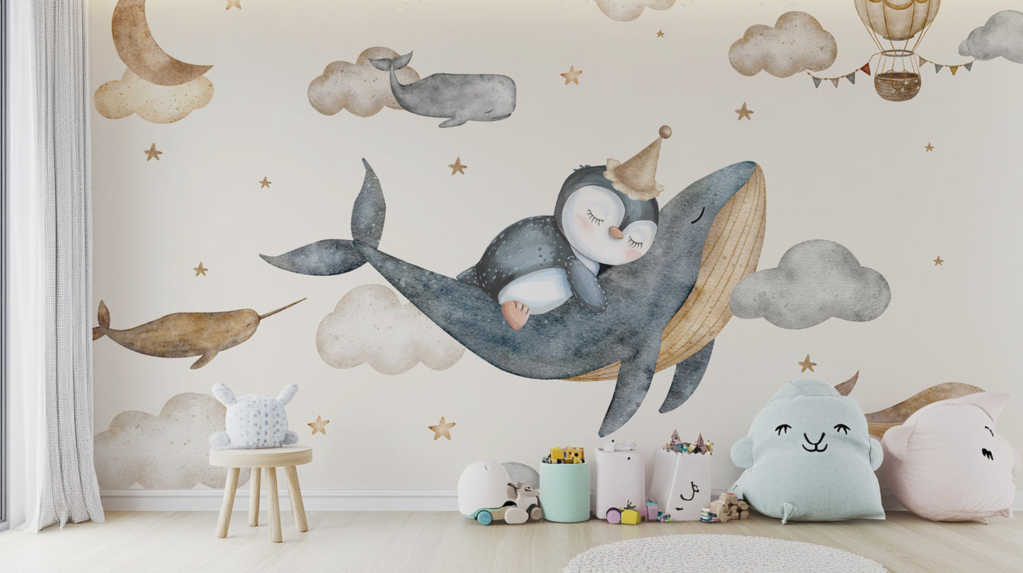 Neutral tone whimsical animal wallpaper for nursery
