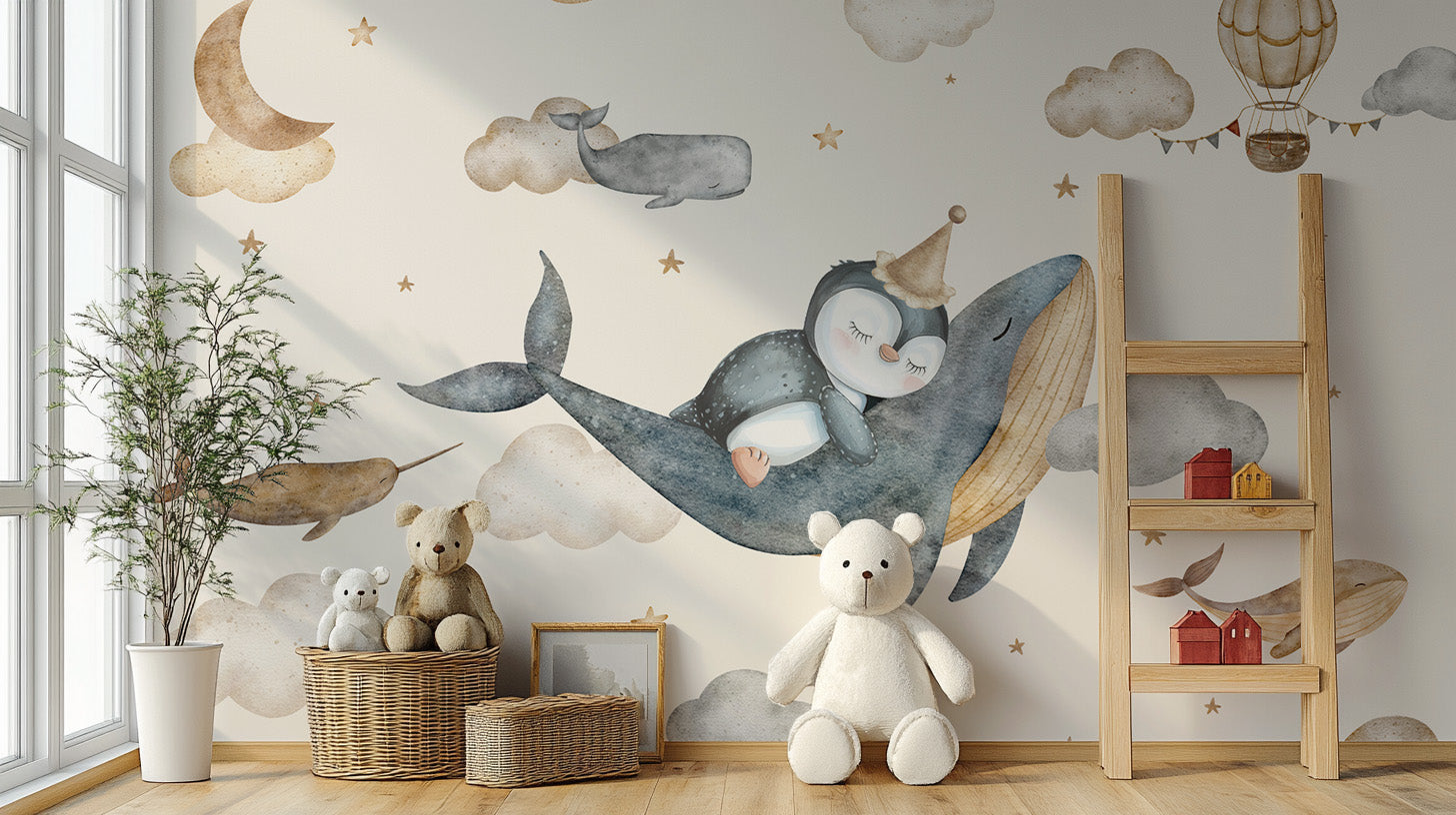 Watercolor flying whales and stars nursery wallpaper
