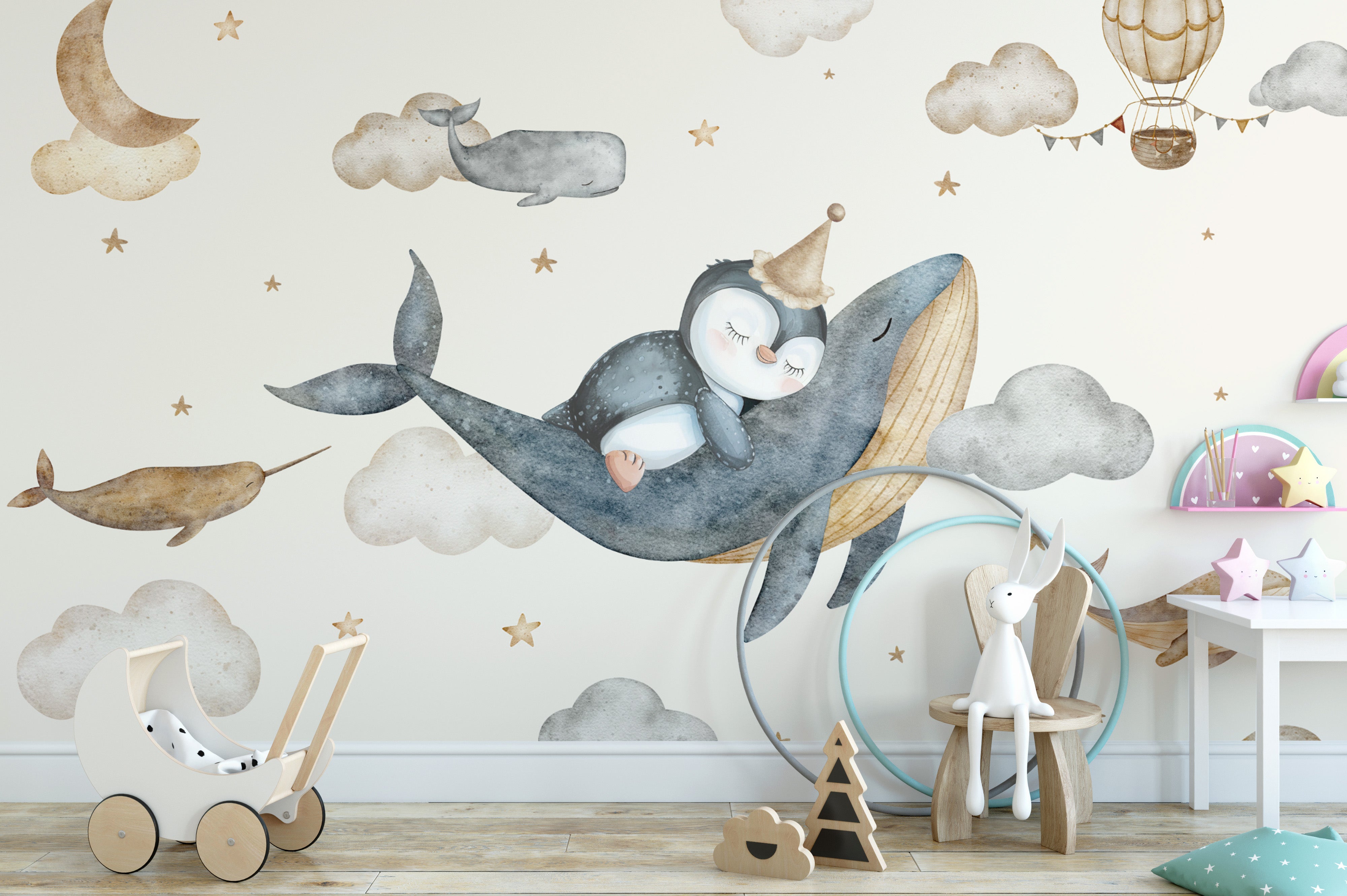 Whimsical ocean animals wallpaper for baby rooms
