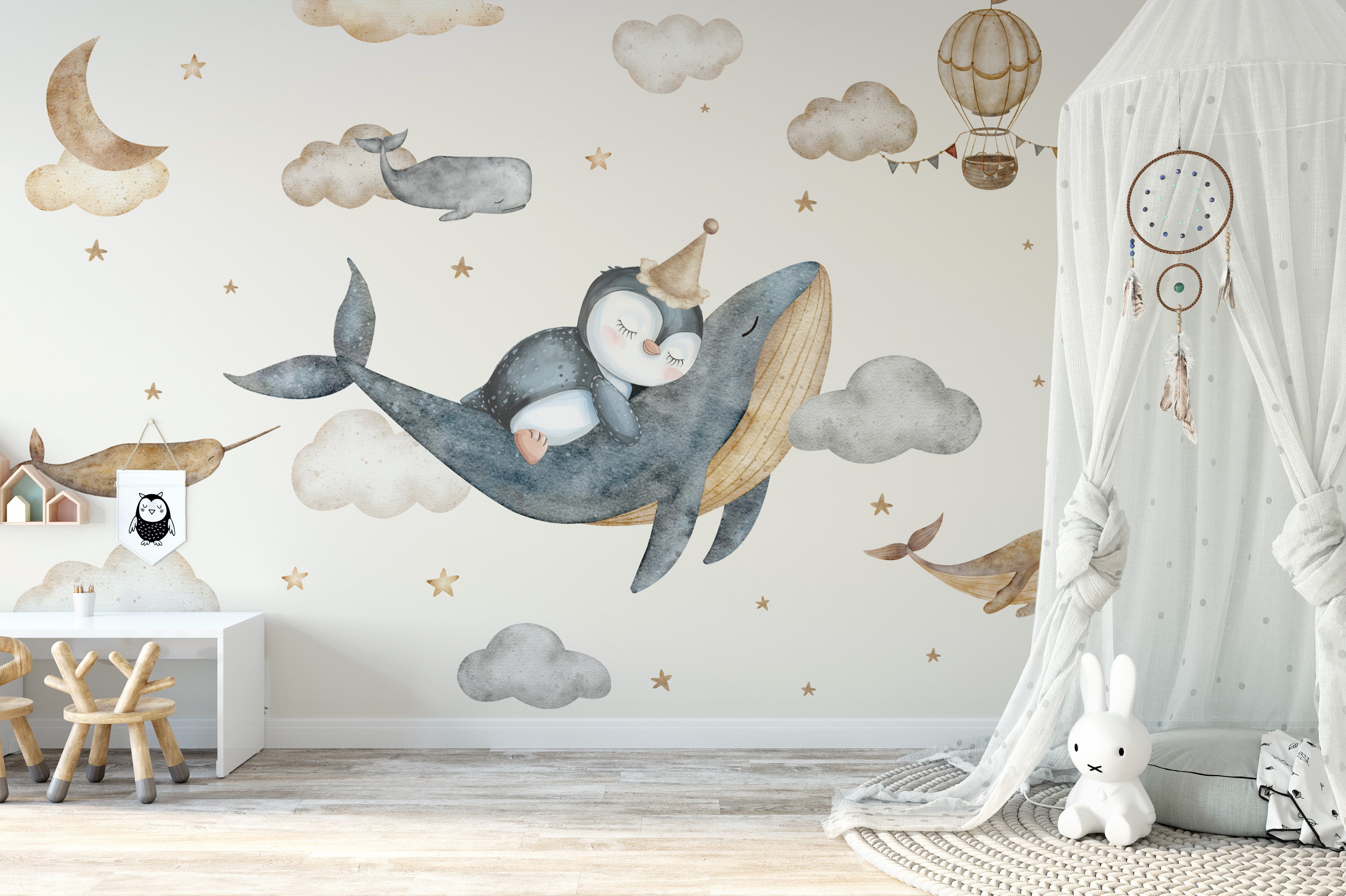 Cartoon whales and clouds nursery wall mural
