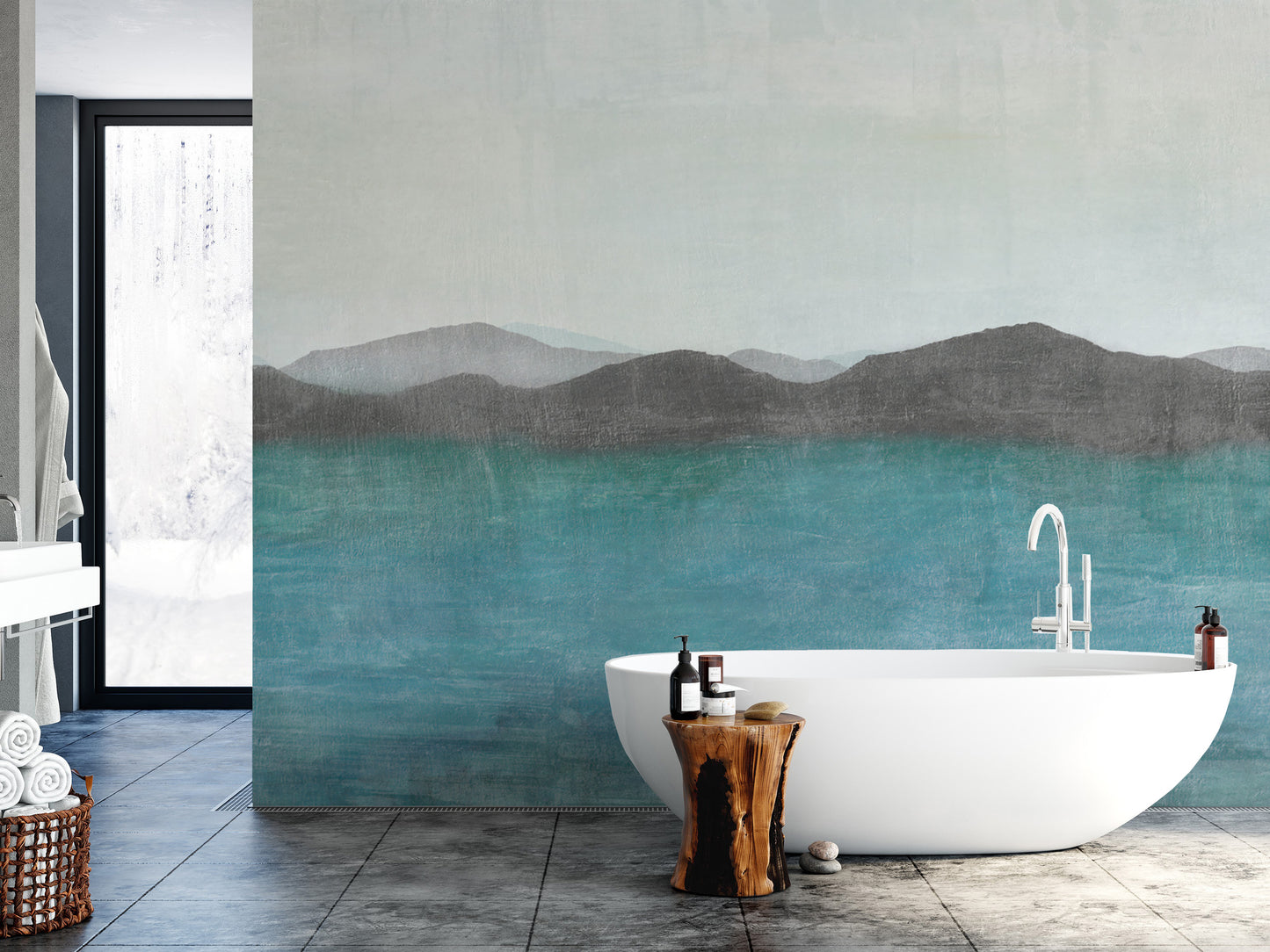 Modern blue watercolor mountain wall mural
