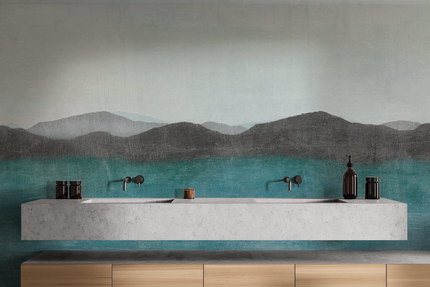 Watercolor landscape mural with blue mountains
