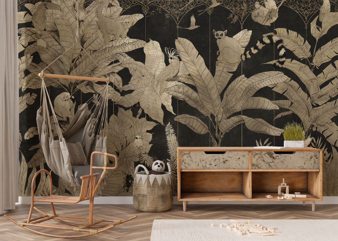 Gold jungle botanical wallpaper with exotic wildlife
