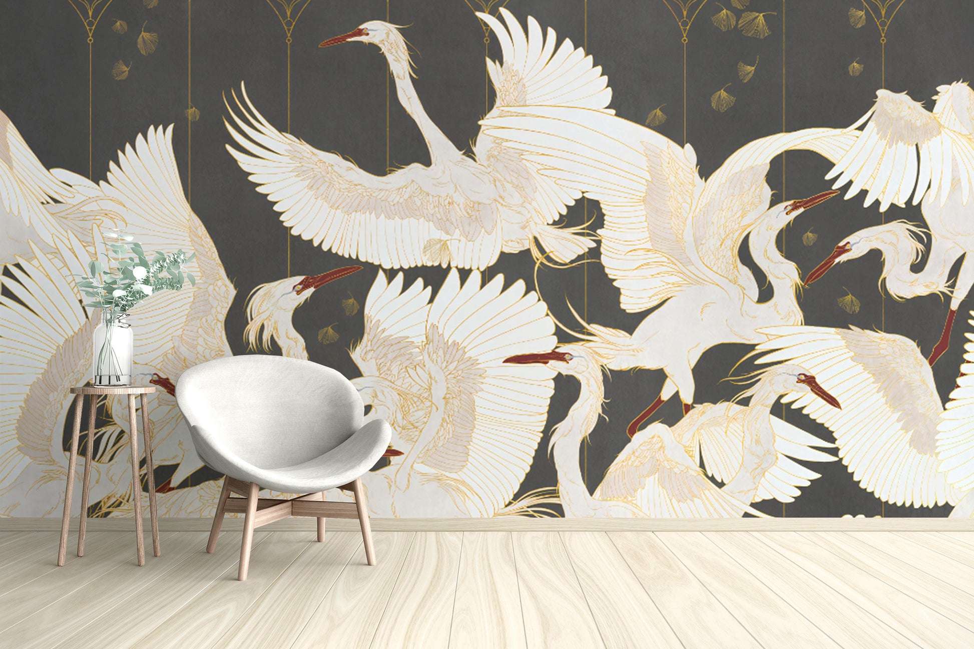 Flying crane wallpaper for living rooms
