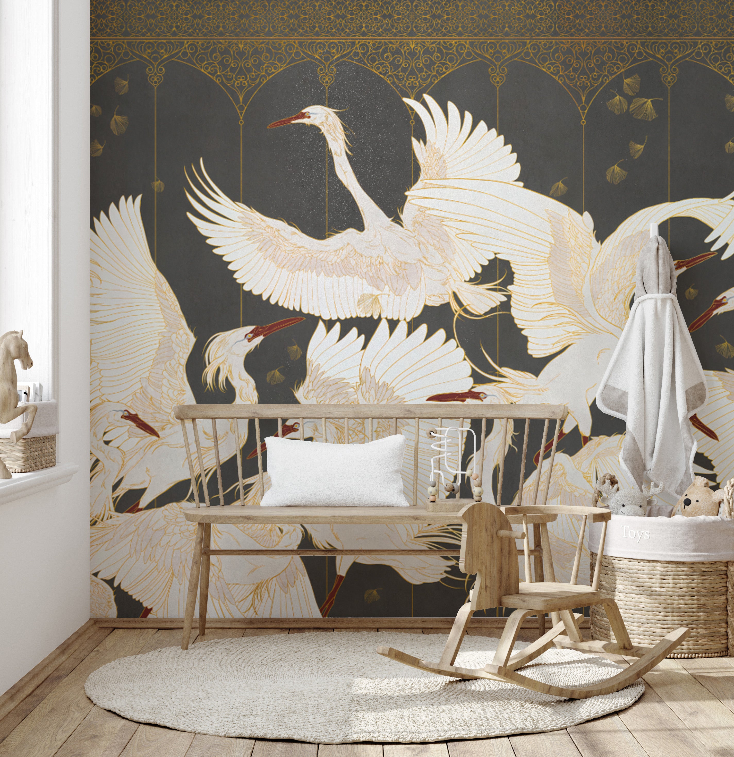 Graceful white cranes wall covering
