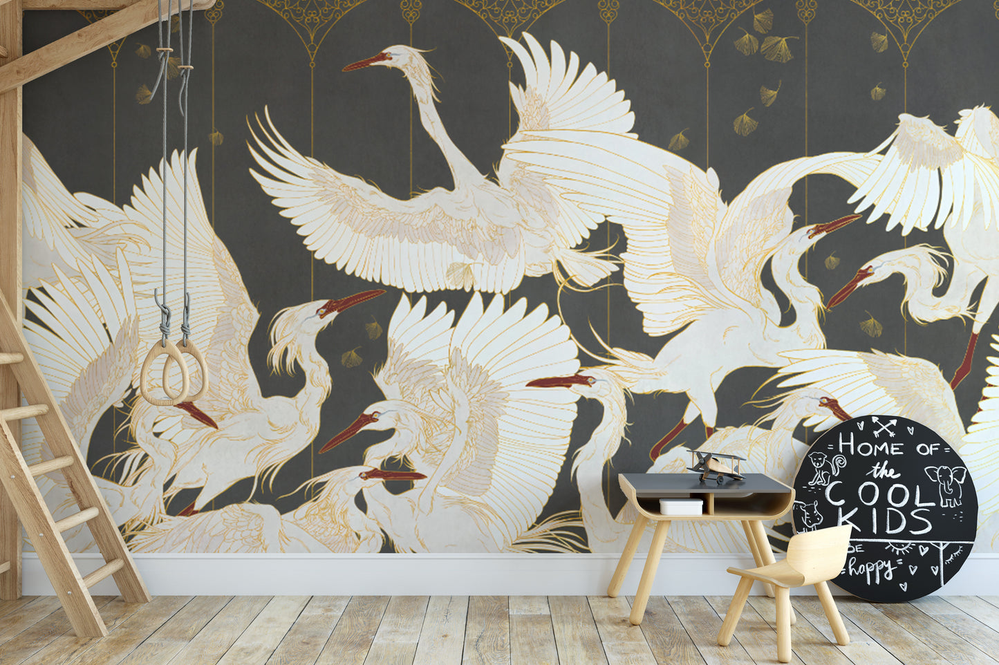 Exotic bird wallpaper with gold accents
