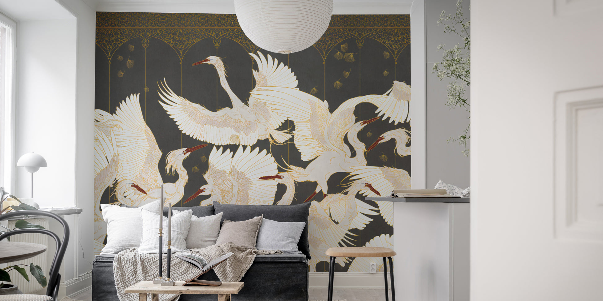 Luxury dark crane wallpaper design
