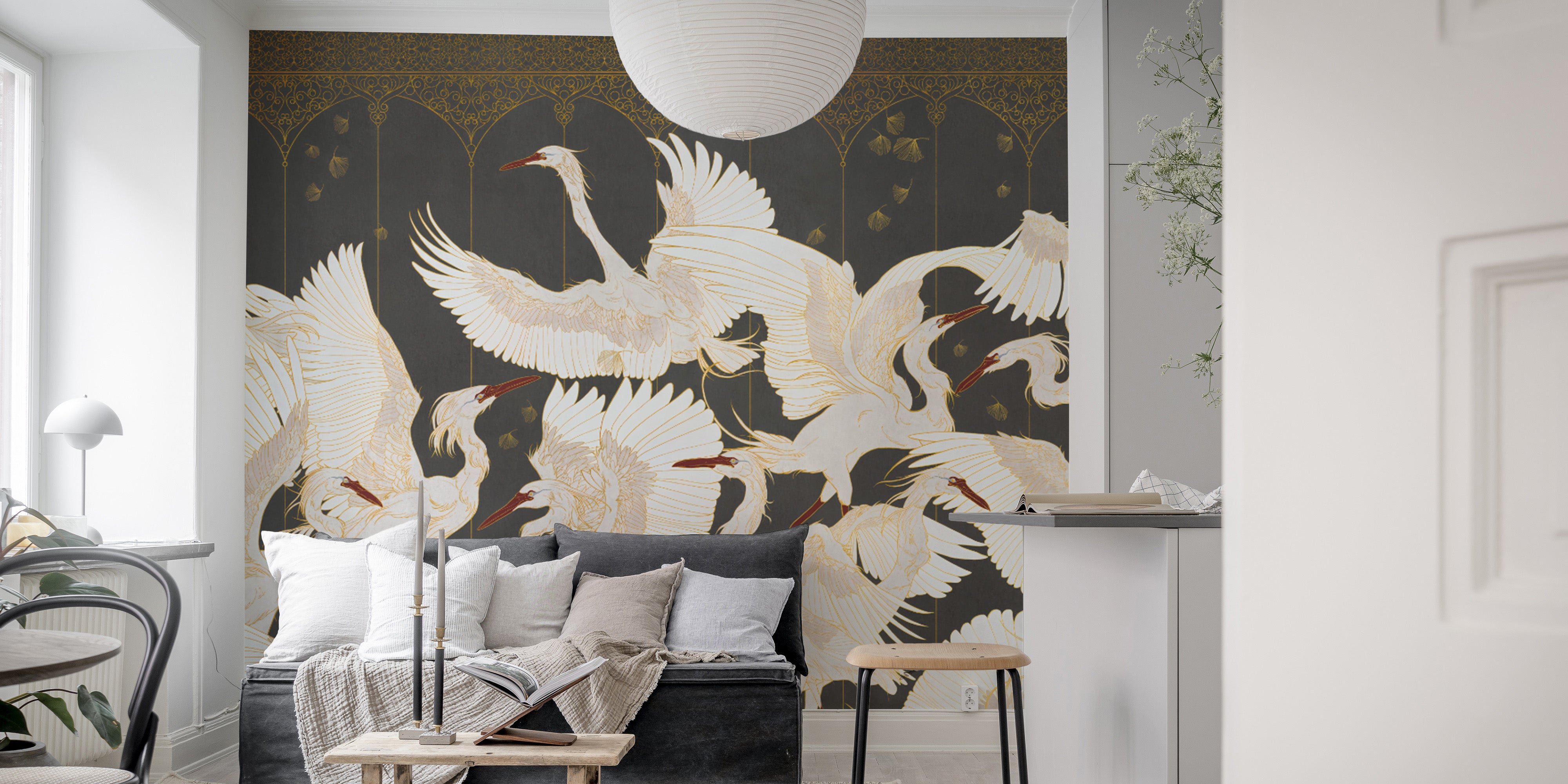 Luxury dark crane wallpaper design
