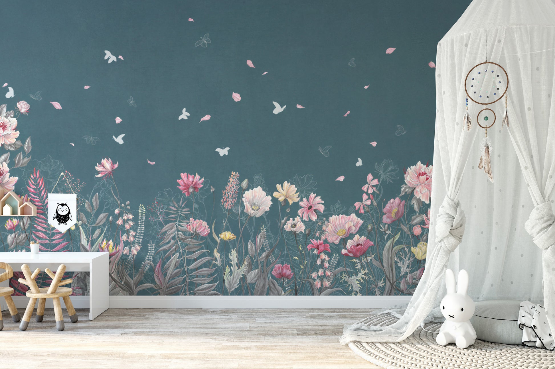 Whimsical floral wallpaper in teal
