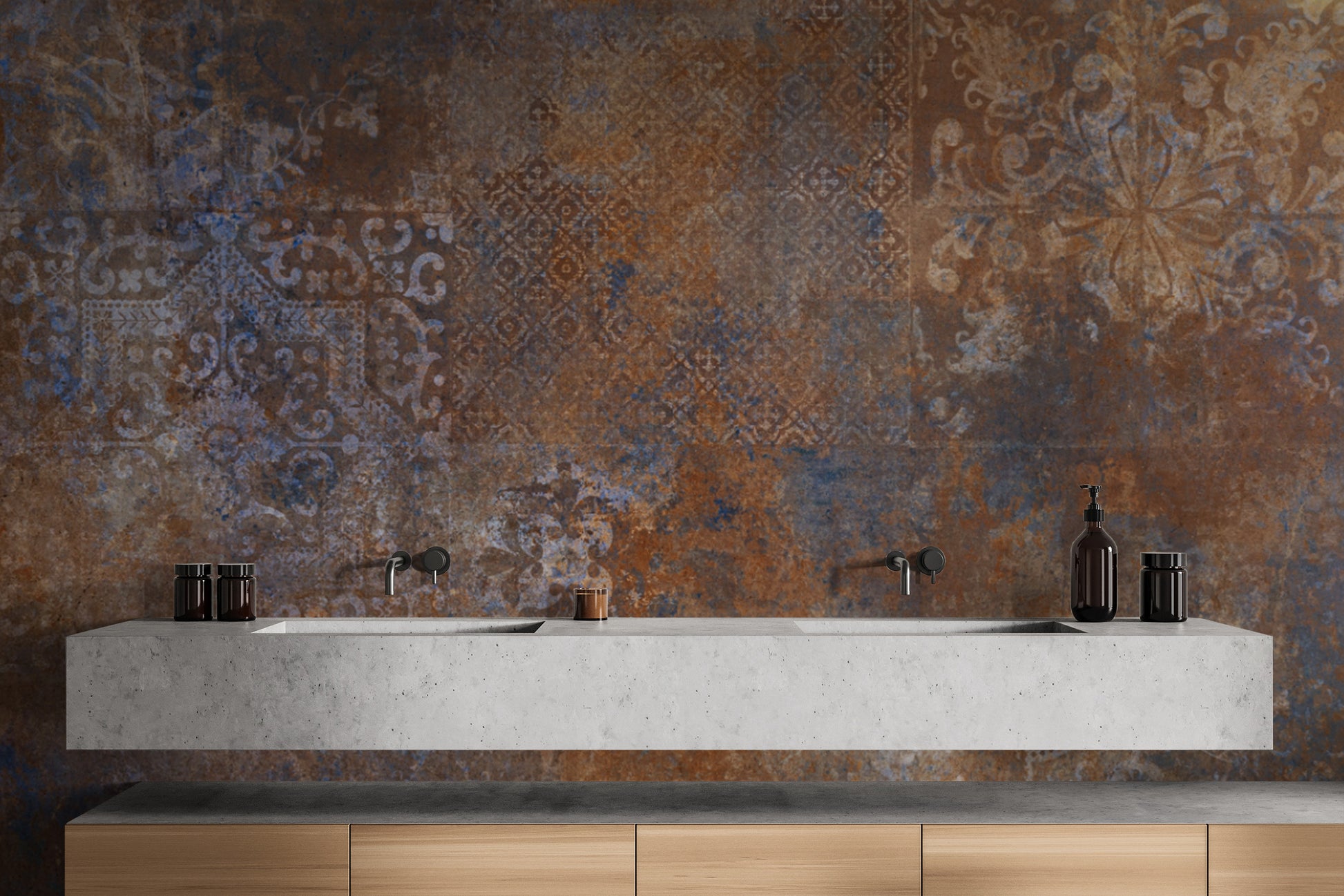 Faded ornamental wallpaper in rustic tones
