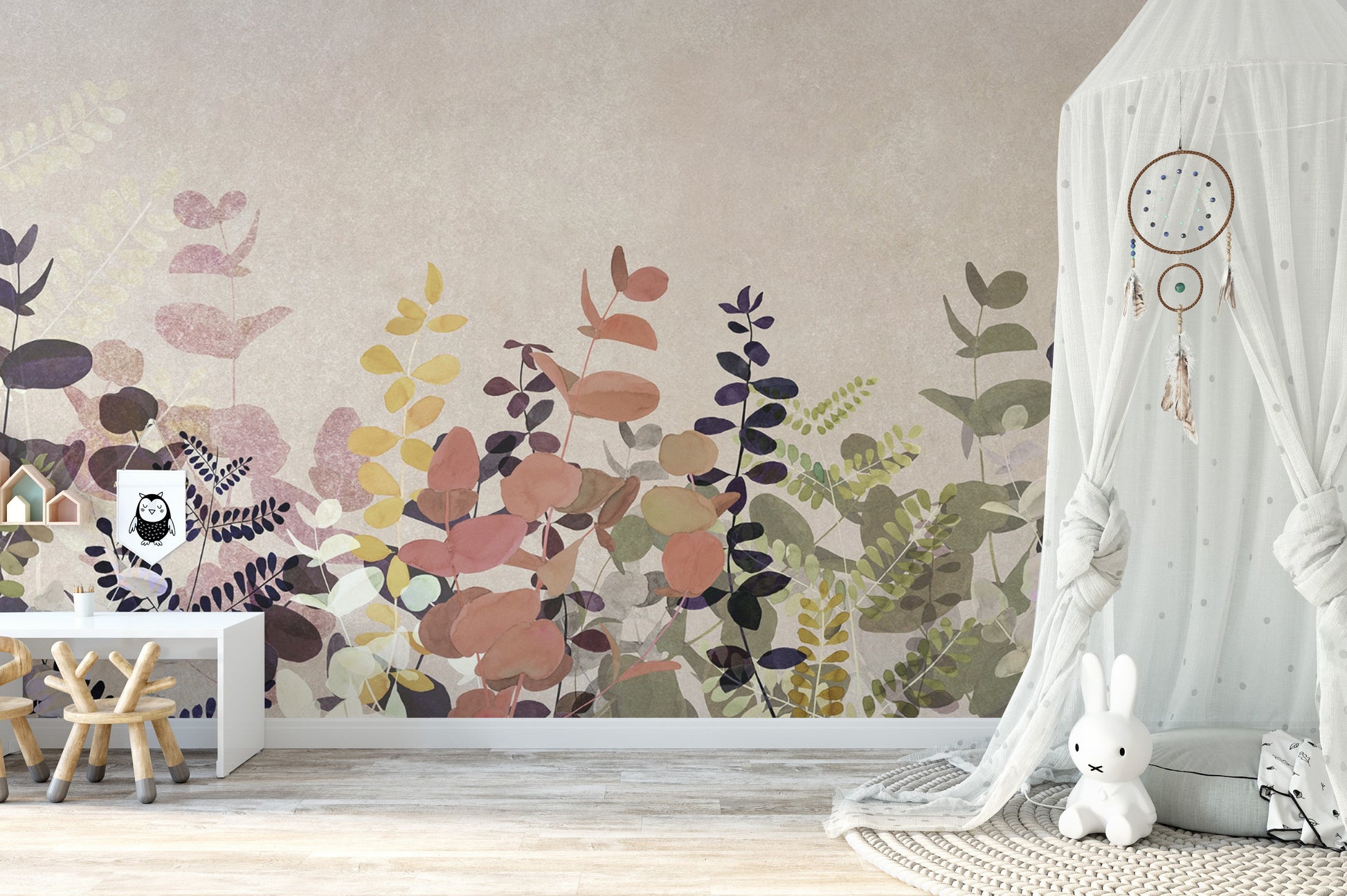 Earth tone wallpaper featuring botanical patterns
