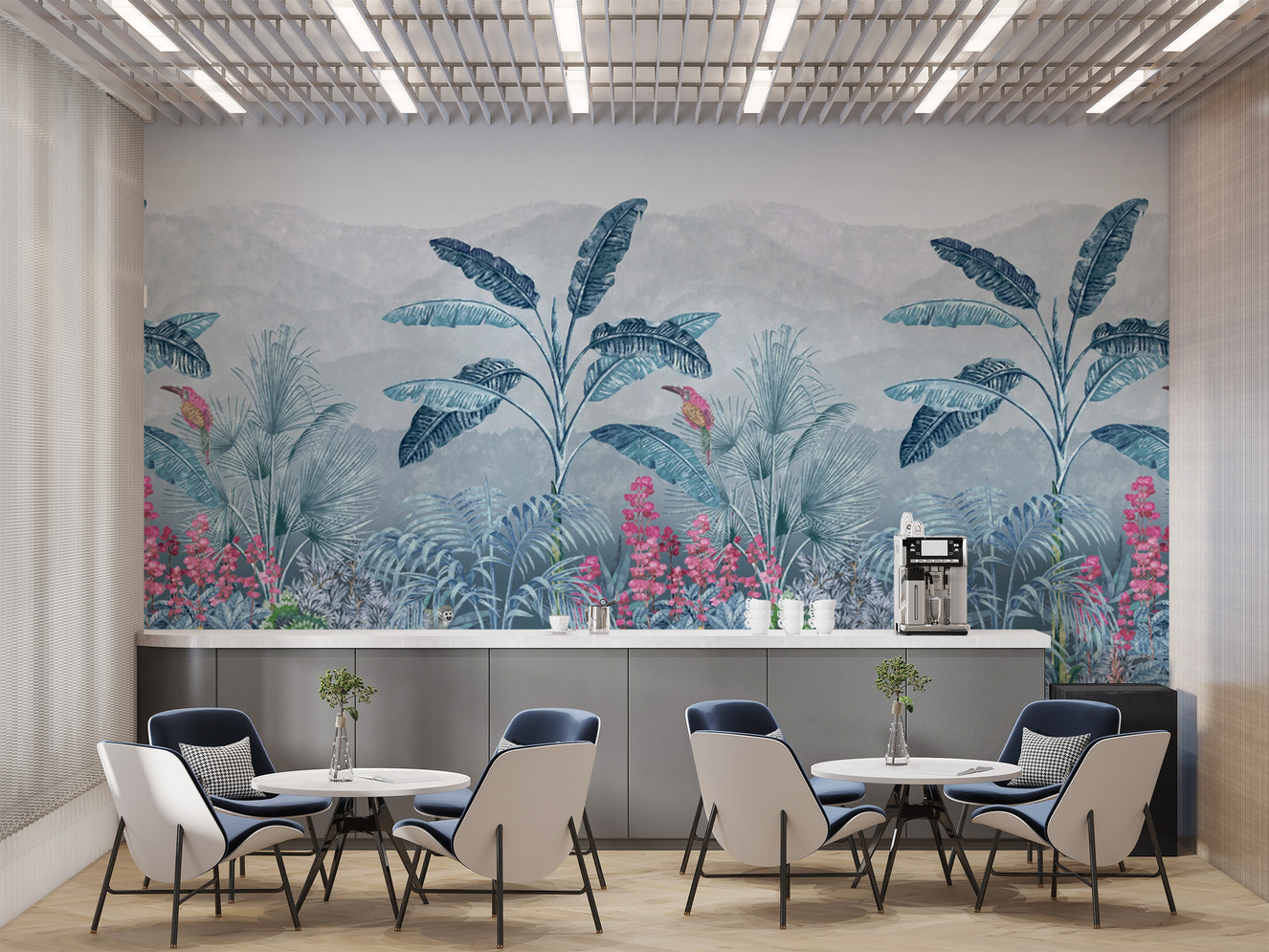 Blue tropical jungle wallpaper mural
