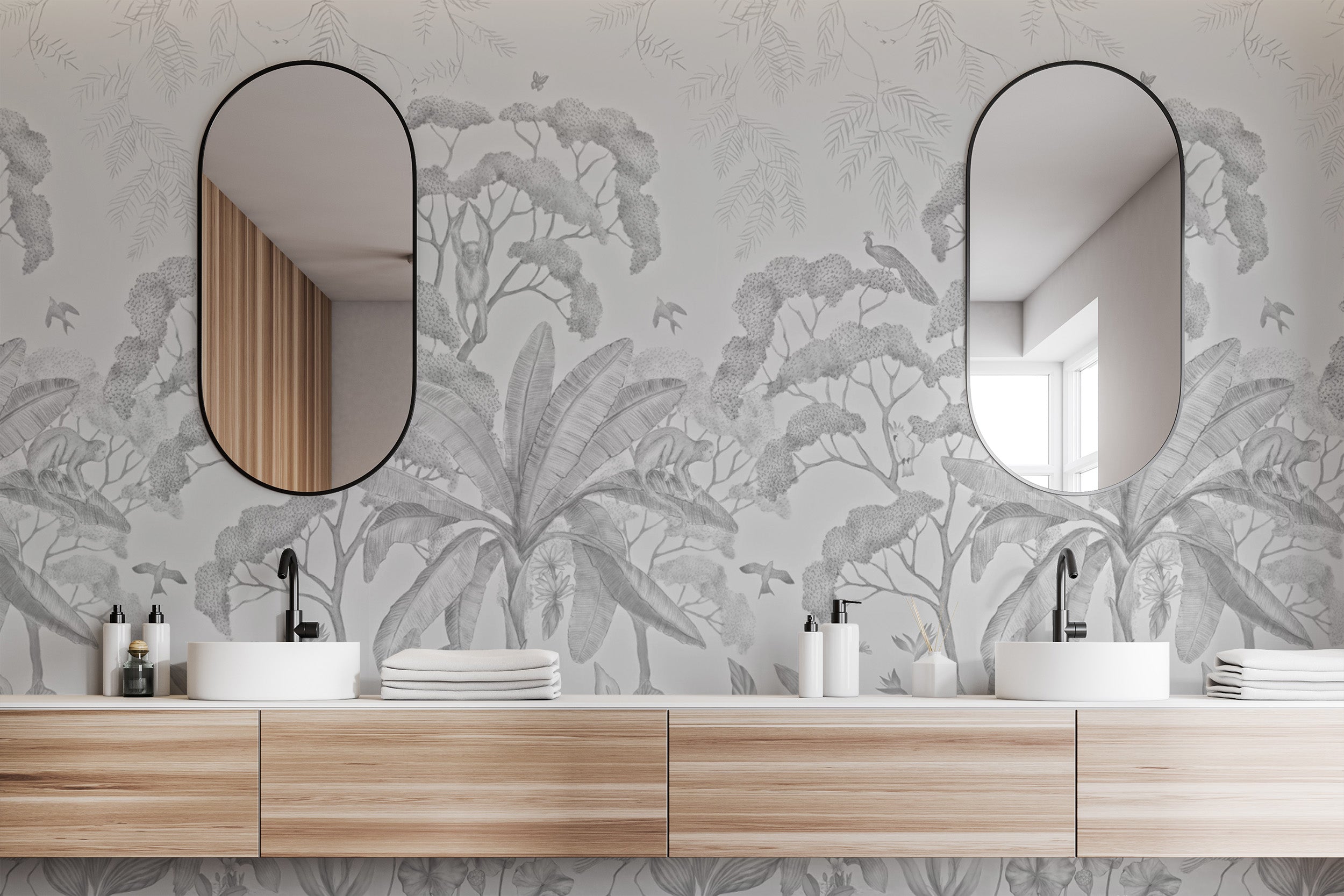 Black and white jungle wallpaper mural
