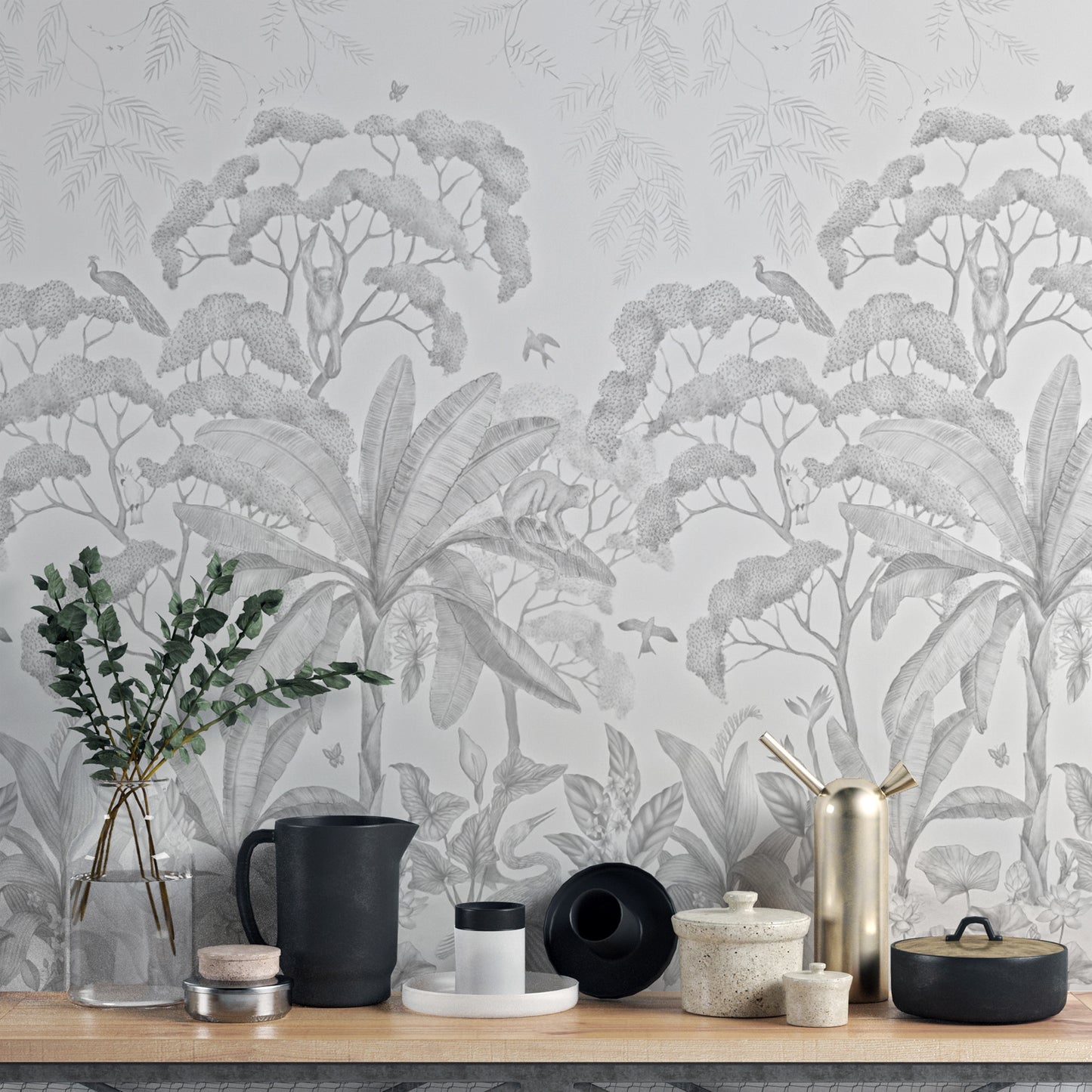 Monochrome Tropical Jungle Wallpaper Mural