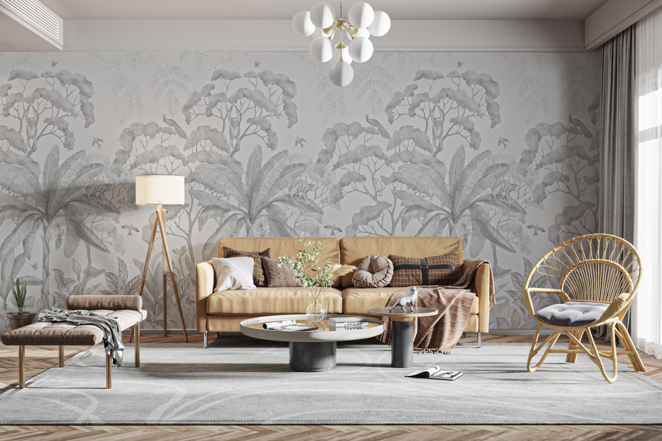 Monochrome tropical jungle wallpaper mural
