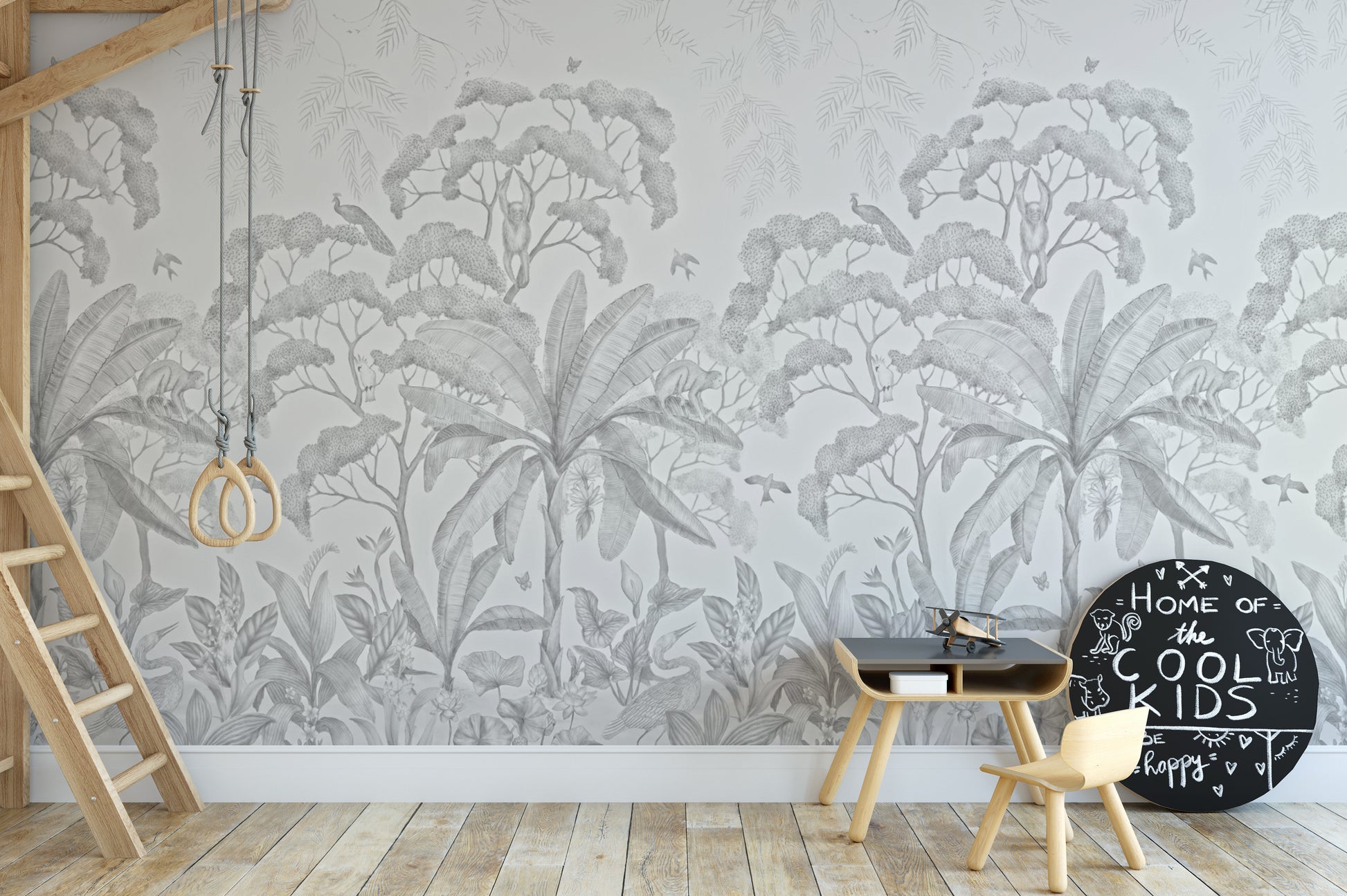 Vintage tropical forest wallpaper in black and white
