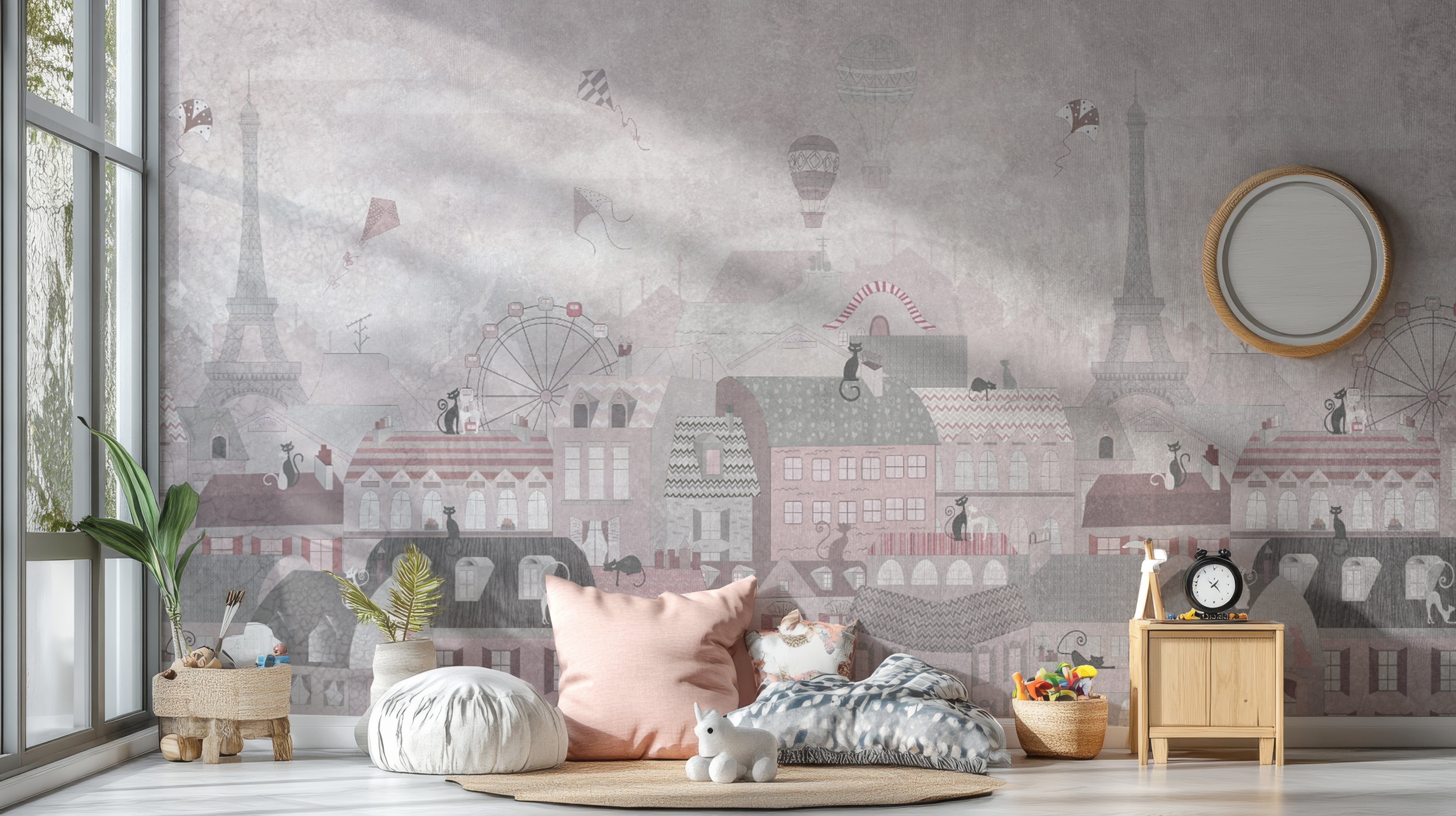 Paris rooftops wallpaper for kids' rooms
